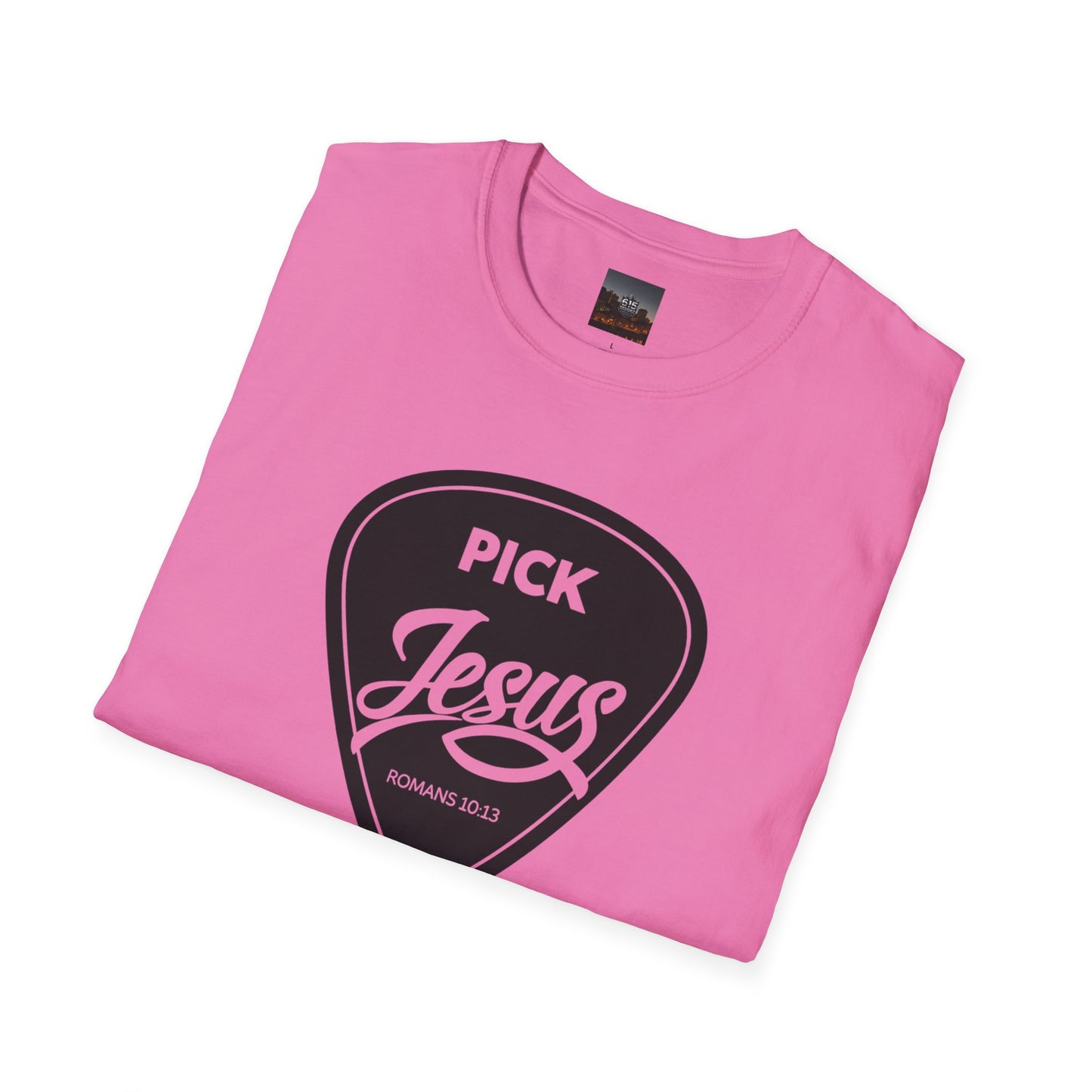 Pick Jesus T-Shirt — Christian Guitar Pick Design (Romans 10:13)