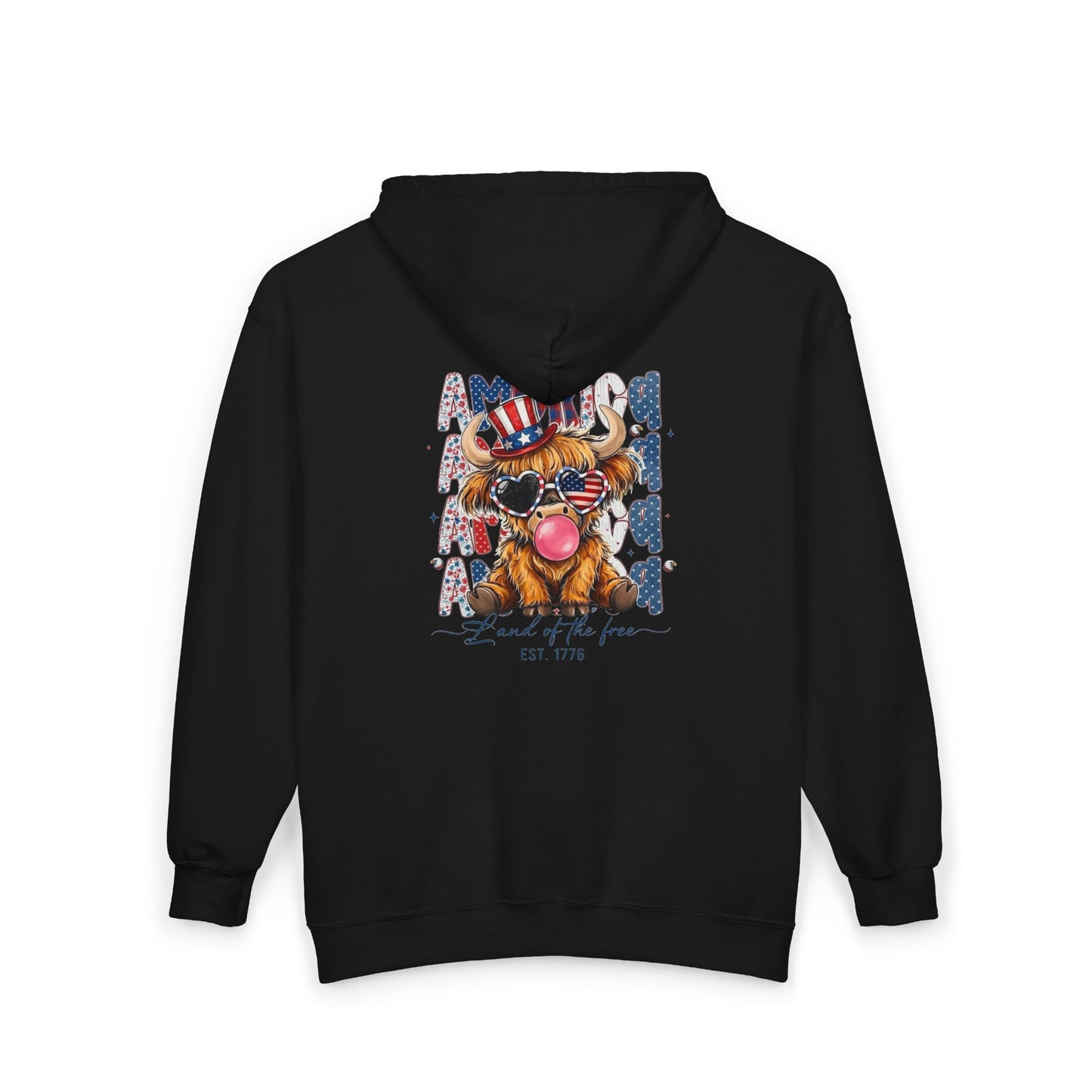 #250 American Flag Bubblegum Patriotic Highland Cow Zip Hoodie