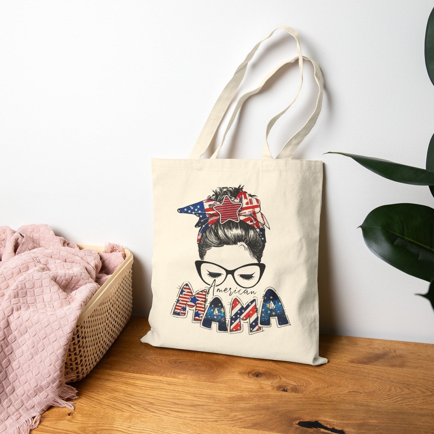 #250 Mama USA Flag Messy Bun Canvas Tote Bag
