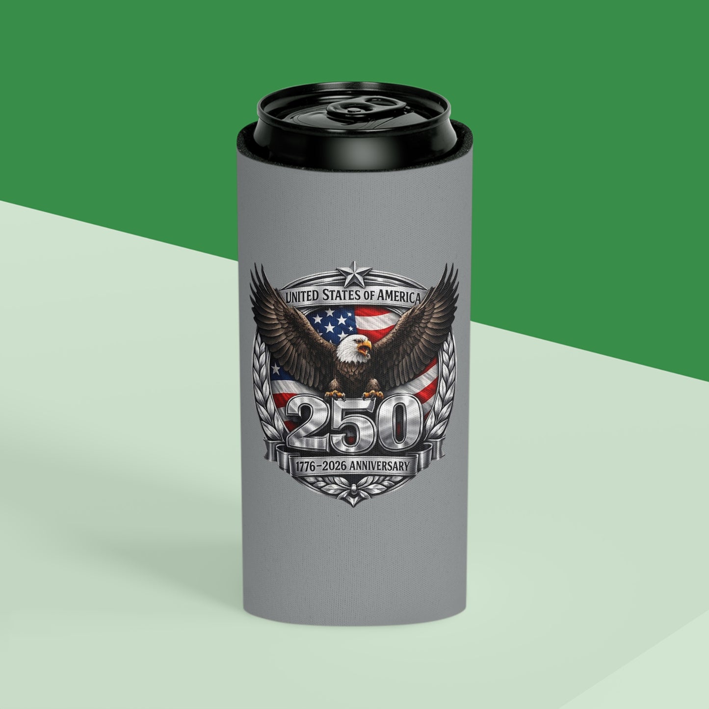 #250 Patriotic Bald Eagle 250 United States Emblem Can Cooler - Beverage Koozie