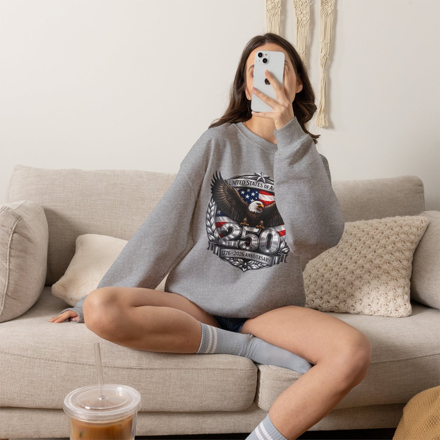#250 Patriotic Bald Eagle 250 United States Emblem Crewneck Sweatshirt