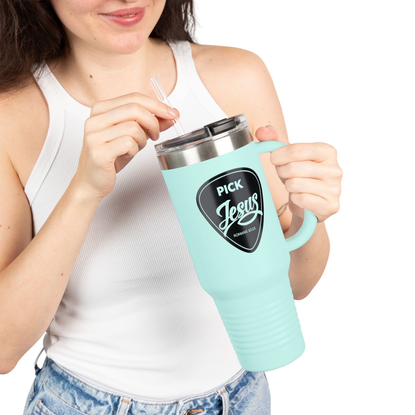 Pick Jesus Guitar Pick Insulated Travel Mug 40oz — Christian Design (Romans 10:13) Faith Travel Tumbler