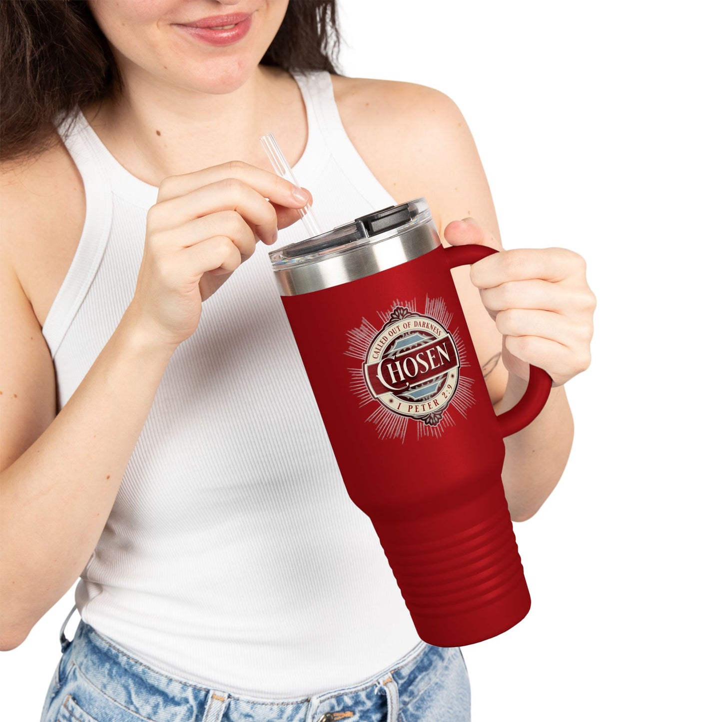 Chosen 40oz Insulated Travel Mug – "Called Out of Darkness" Faith Tumbler with Handle, Vacuum-Sealed