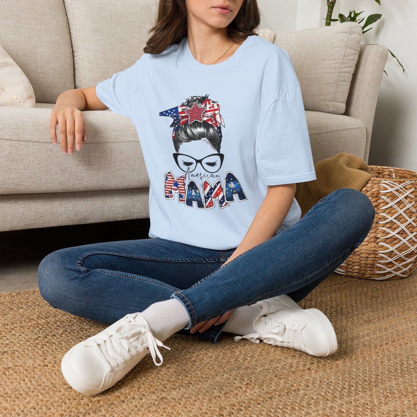 Mama USA Flag Messy Bun T-Shirt