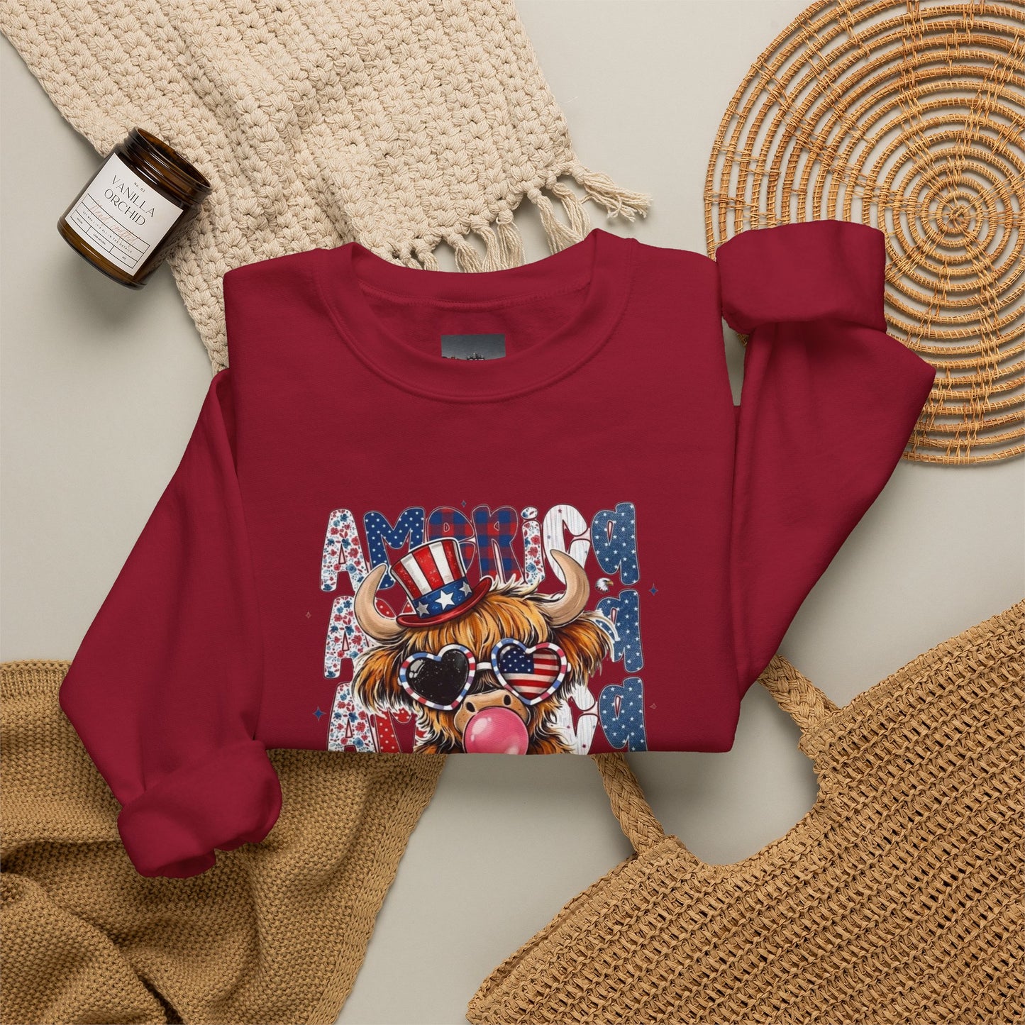 #250 American Flag Bubblegum Patriotic Highland Cow Sweatshirt