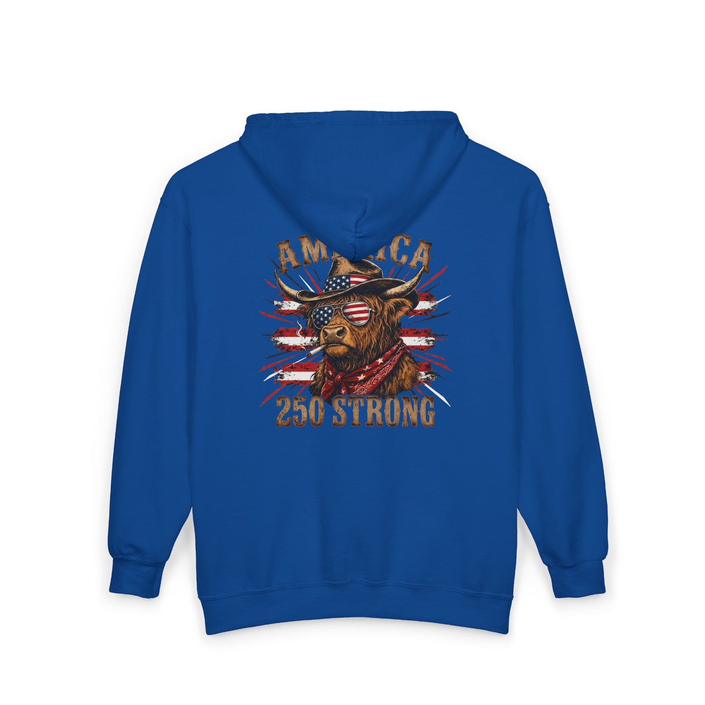 #250 America 250 Strong Patriotic Bull with American Flag Zip Hoodie