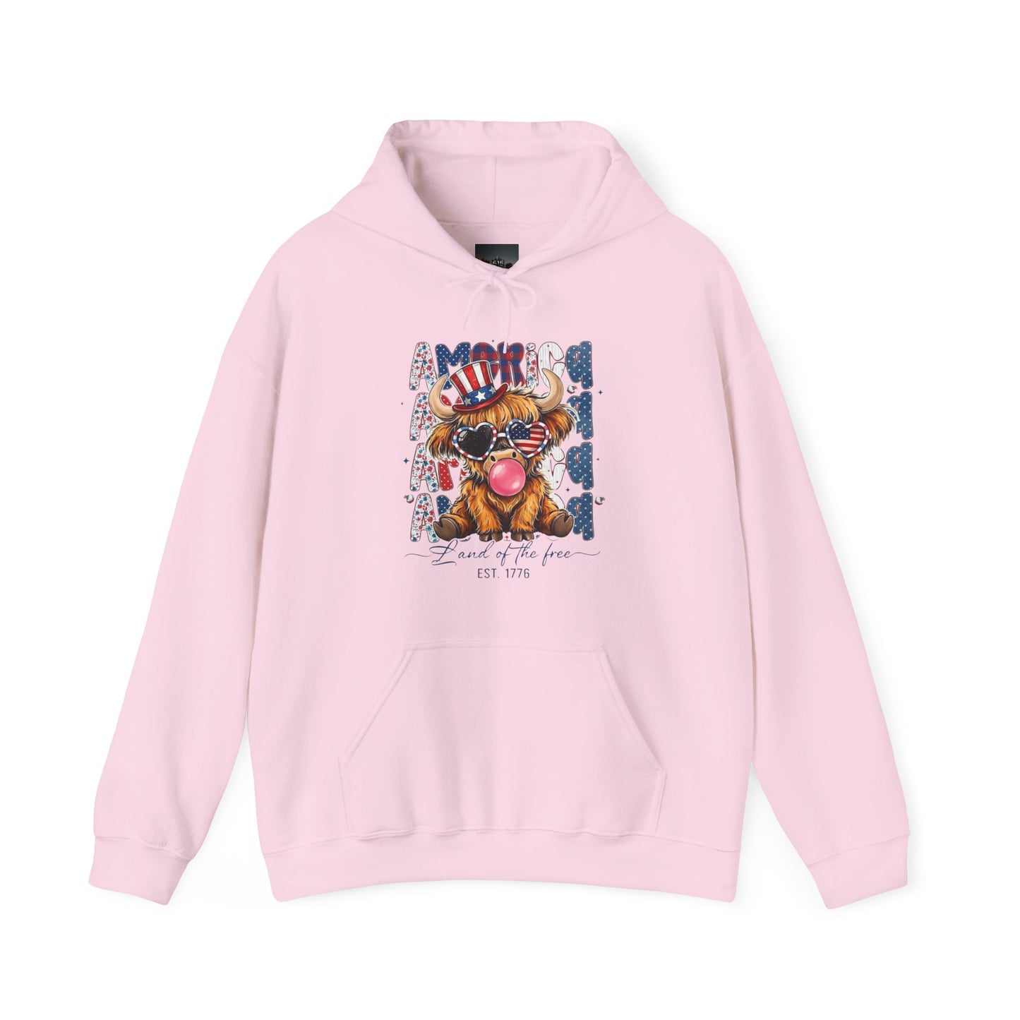 #250 American Flag Bubblegum Patriotic Highland Cow Hoodie