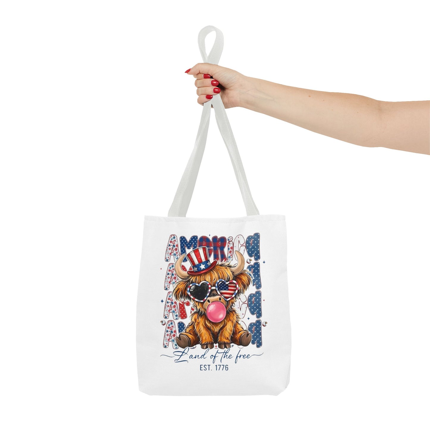 #250 American Flag Bubblegum Patriotic Highland Cow Tote Bag