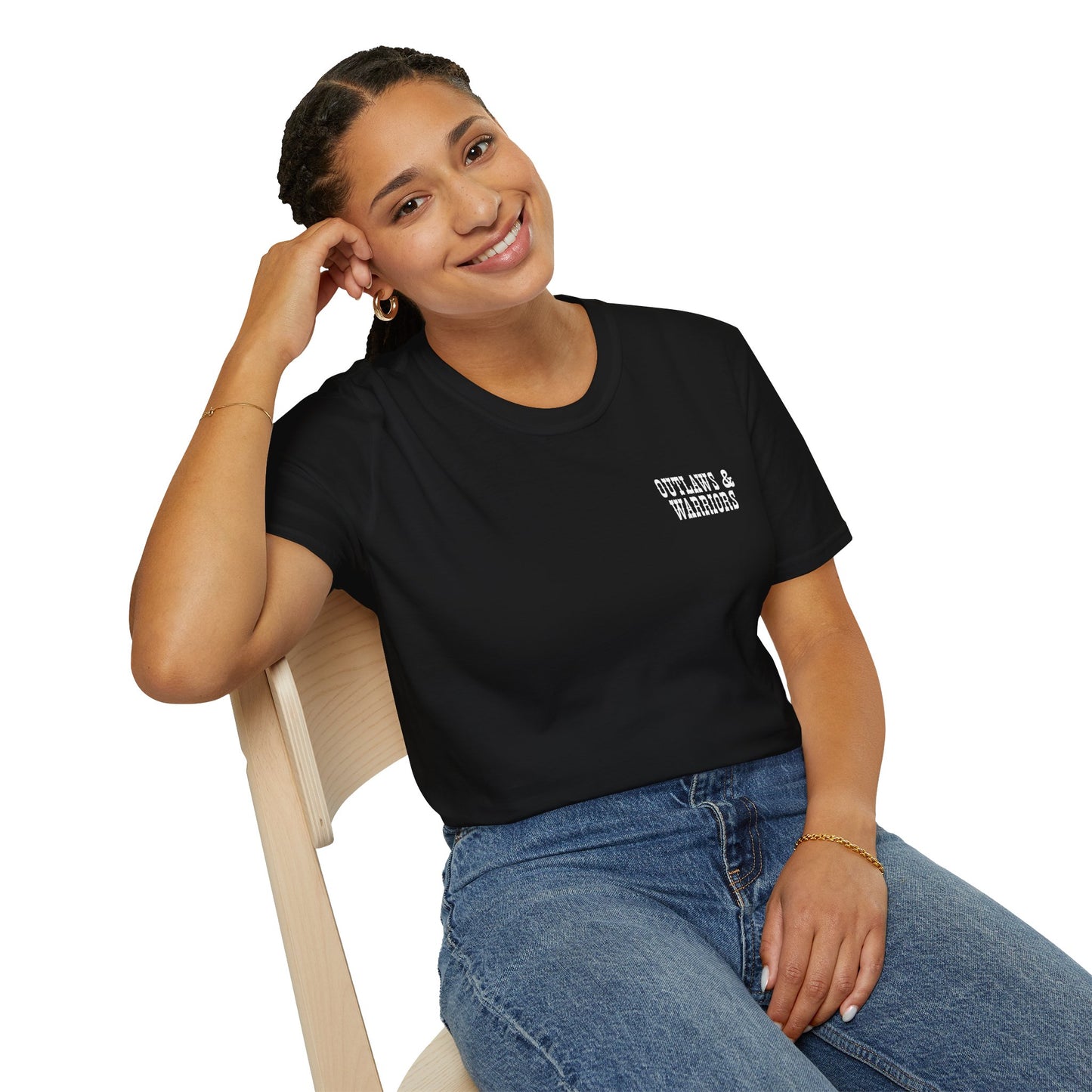 Outlaws & Warriors 100% Cotton SoftStyle T-Shirt — Minimal Chest Logo with Graphic On Back