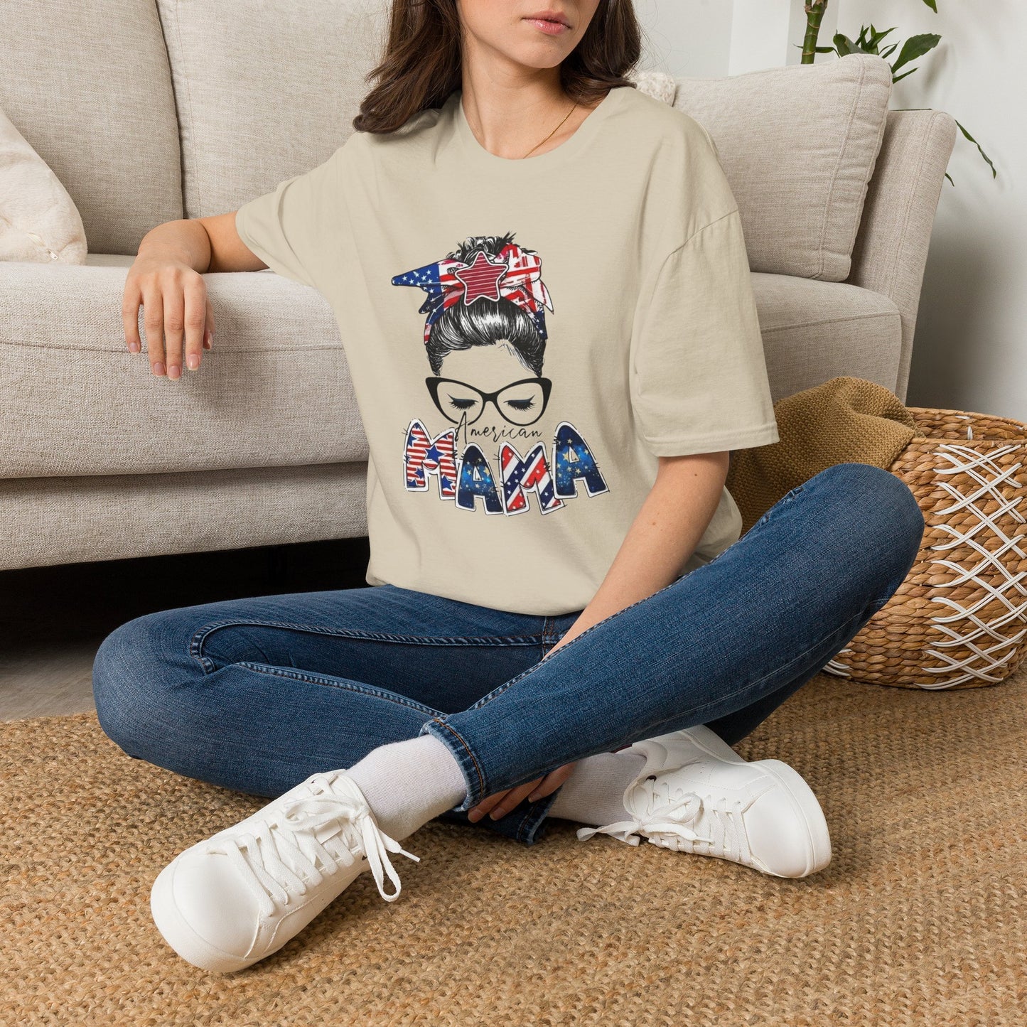 Mama USA Flag Messy Bun T-Shirt