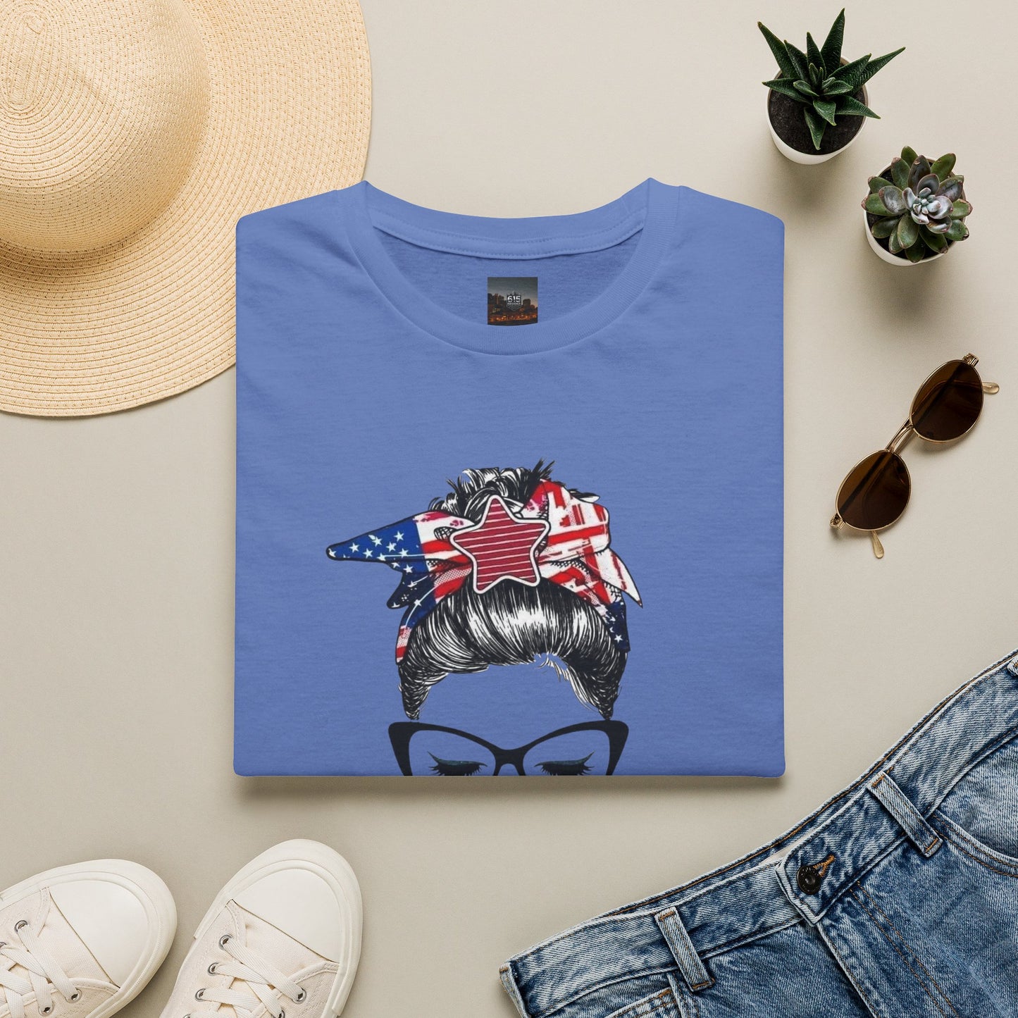 Mama USA Flag Messy Bun T-Shirt