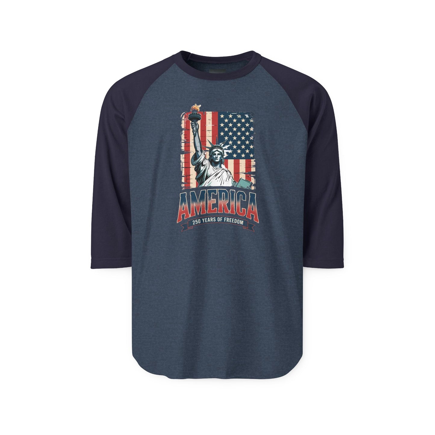 #250 Statue of Liberty American Flag 'America' Patriotic Independence Day Raglan Shirt Baseball Tee