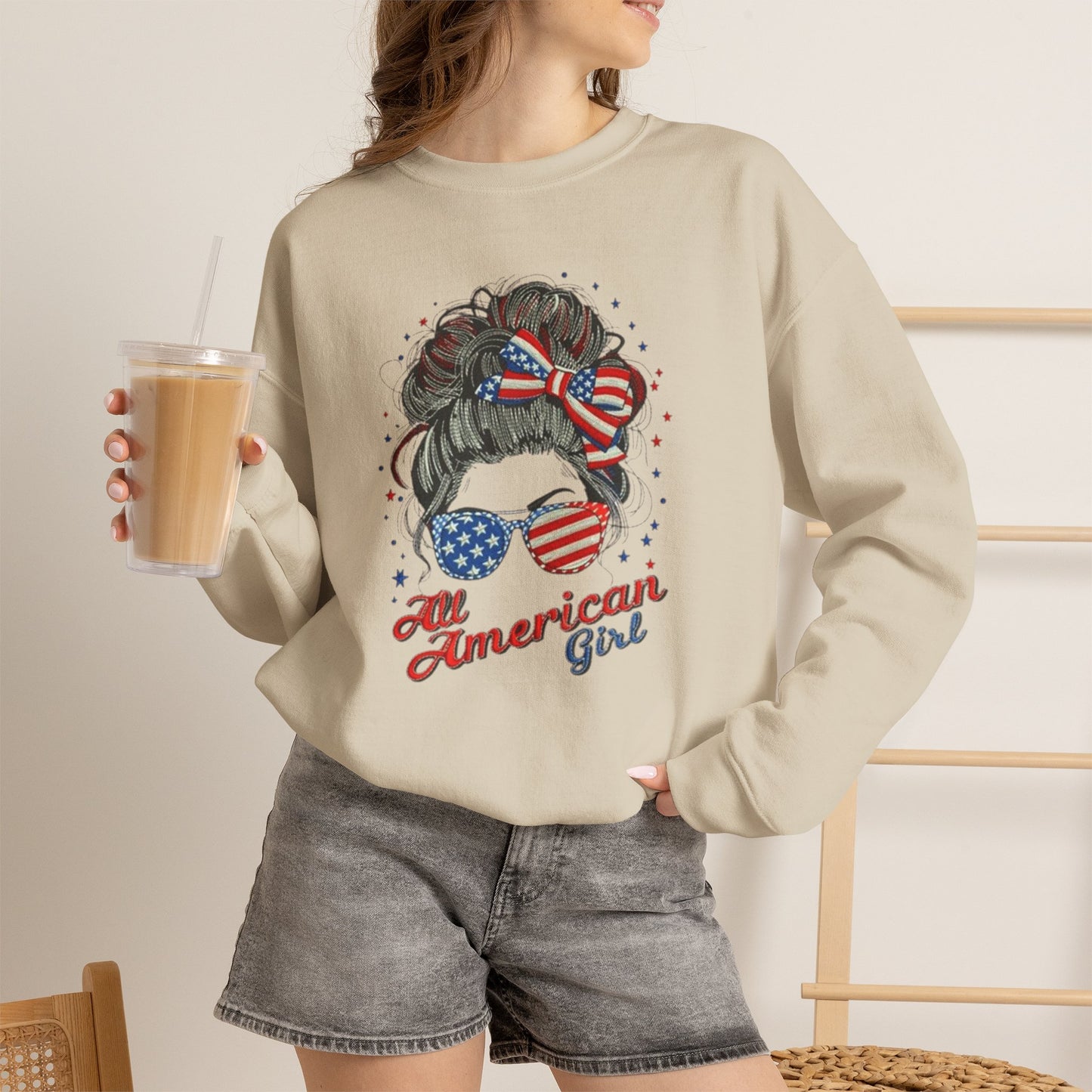 #250 "All American Girl" Patriotic Messy Bun Sweatshirt