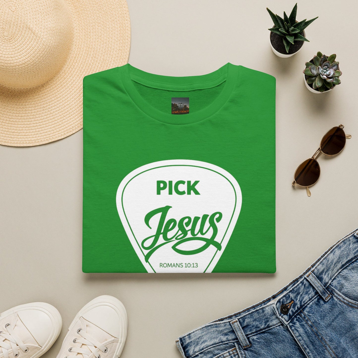 Pick Jesus T-Shirt — Christian Guitar Pick Design (Romans 10:13)