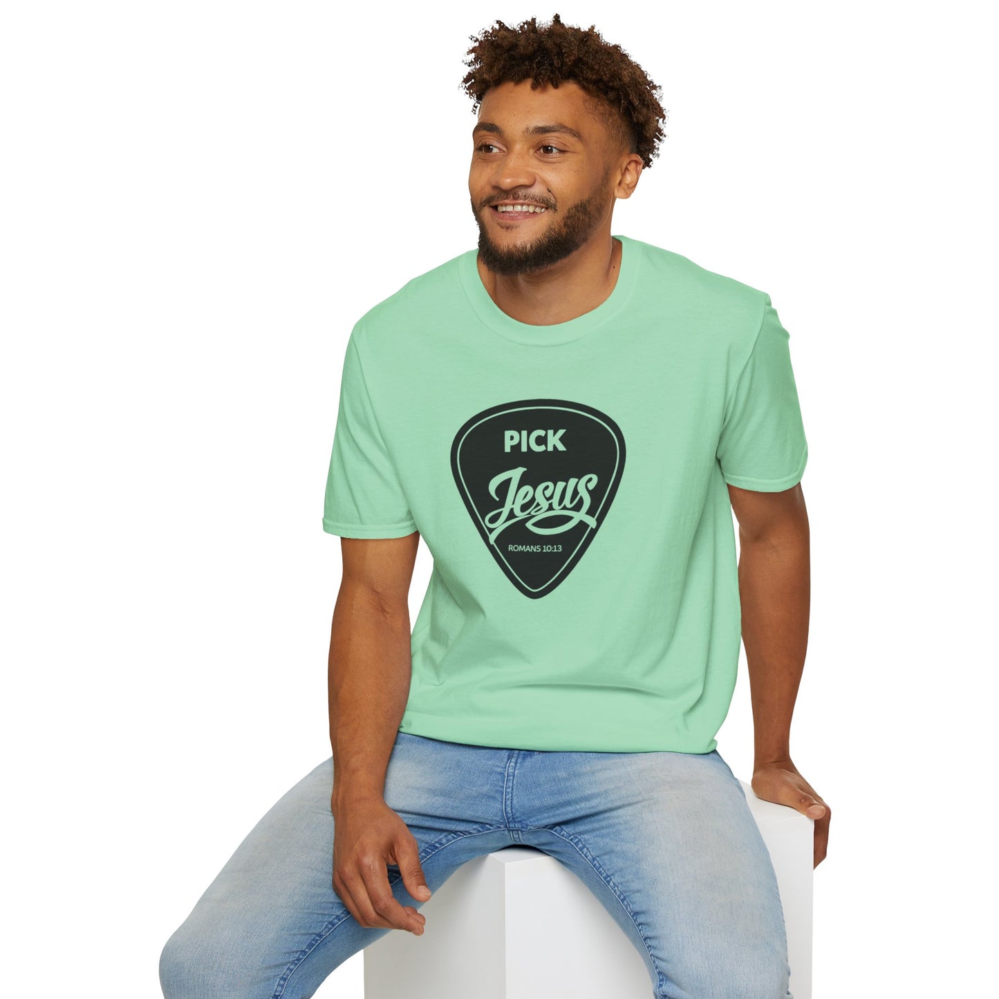 Pick Jesus T-Shirt — Christian Guitar Pick Design (Romans 10:13)