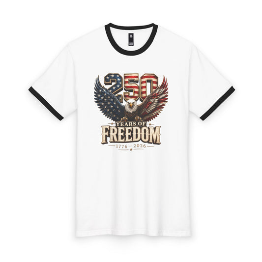 #250 250 Years of Freedom Eagle Patriotic American Flag Anniversary (1776–2026) Ringer Tee