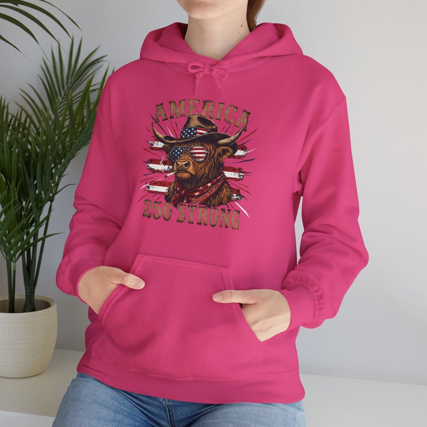 #250 America 250 Strong Patriotic Bull with American Flag Hoodie
