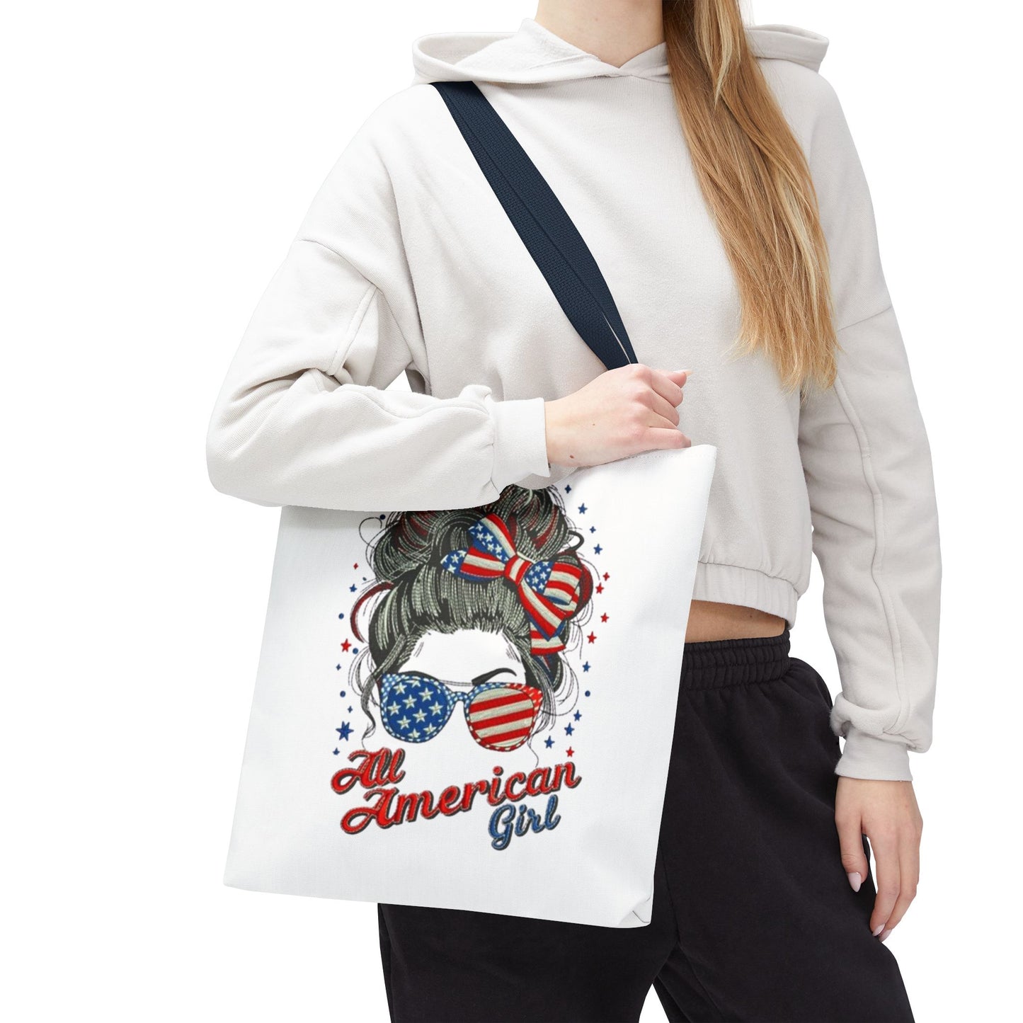 #250 "All American Girl" Patriotic Messy Bun Tote Bag
