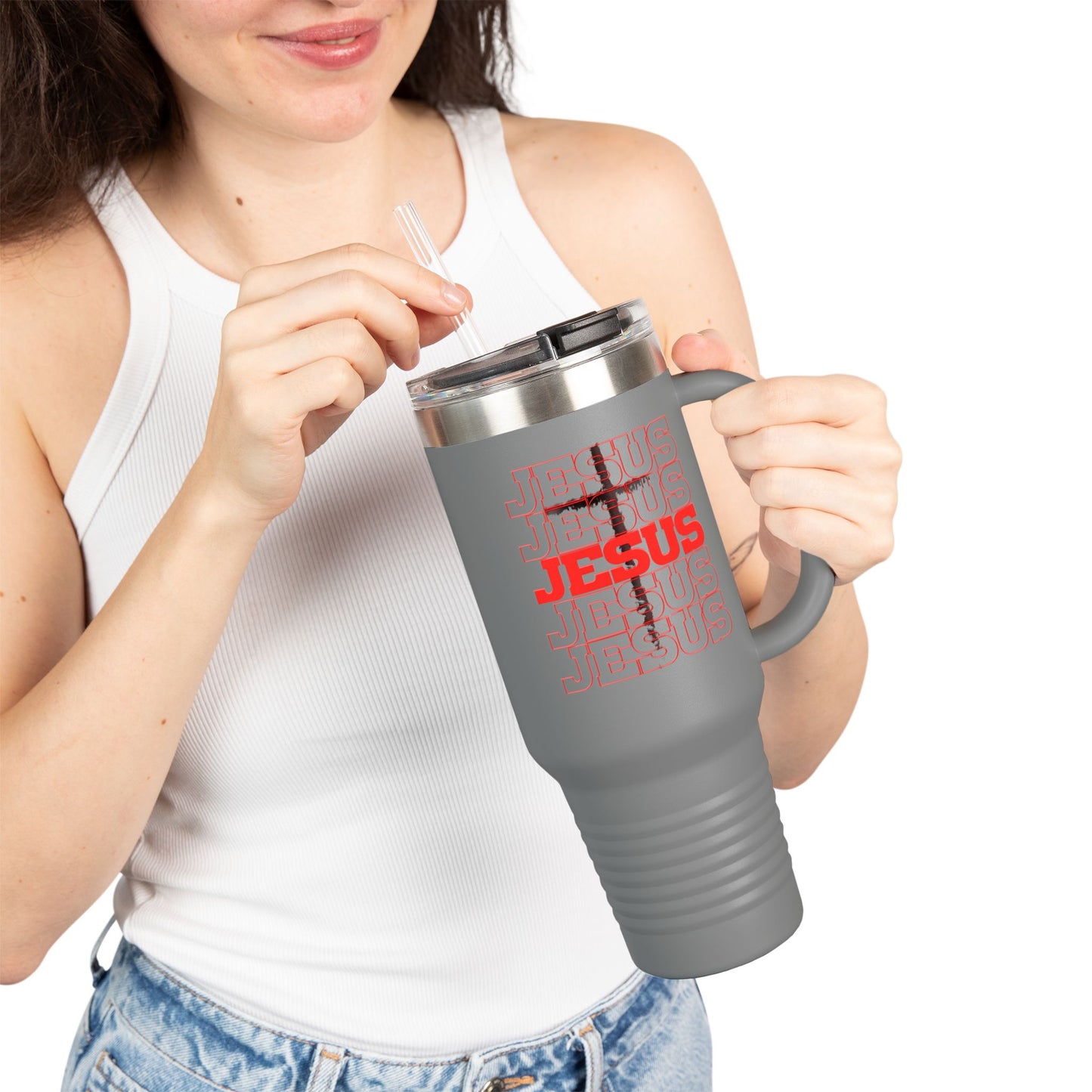 Jesus Cross Red Text Black Cross Graphic 40oz Insulated Travel Mug — Large Christian Tumbler with Straw
