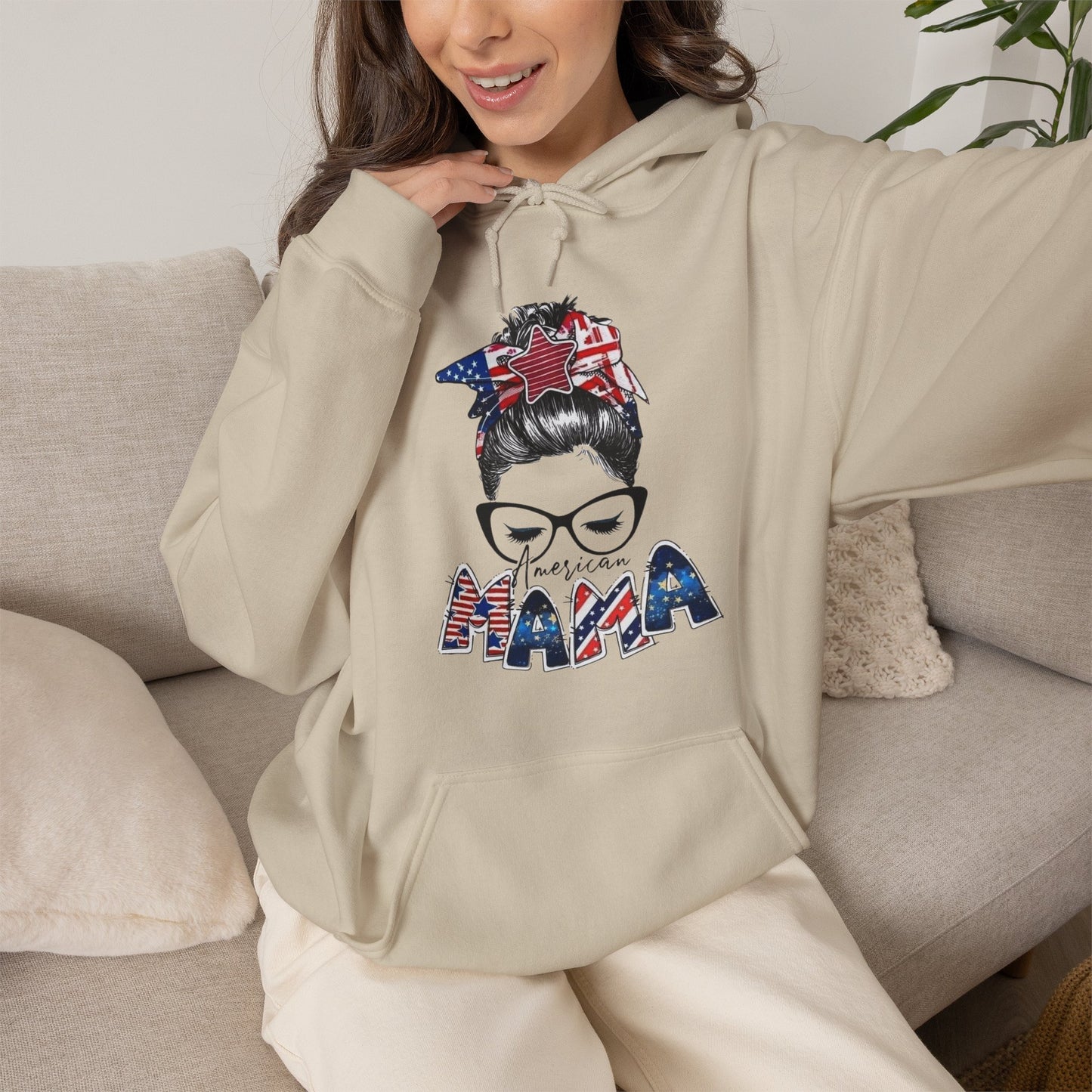 #250 Mama USA Flag Messy Bun Hoodie