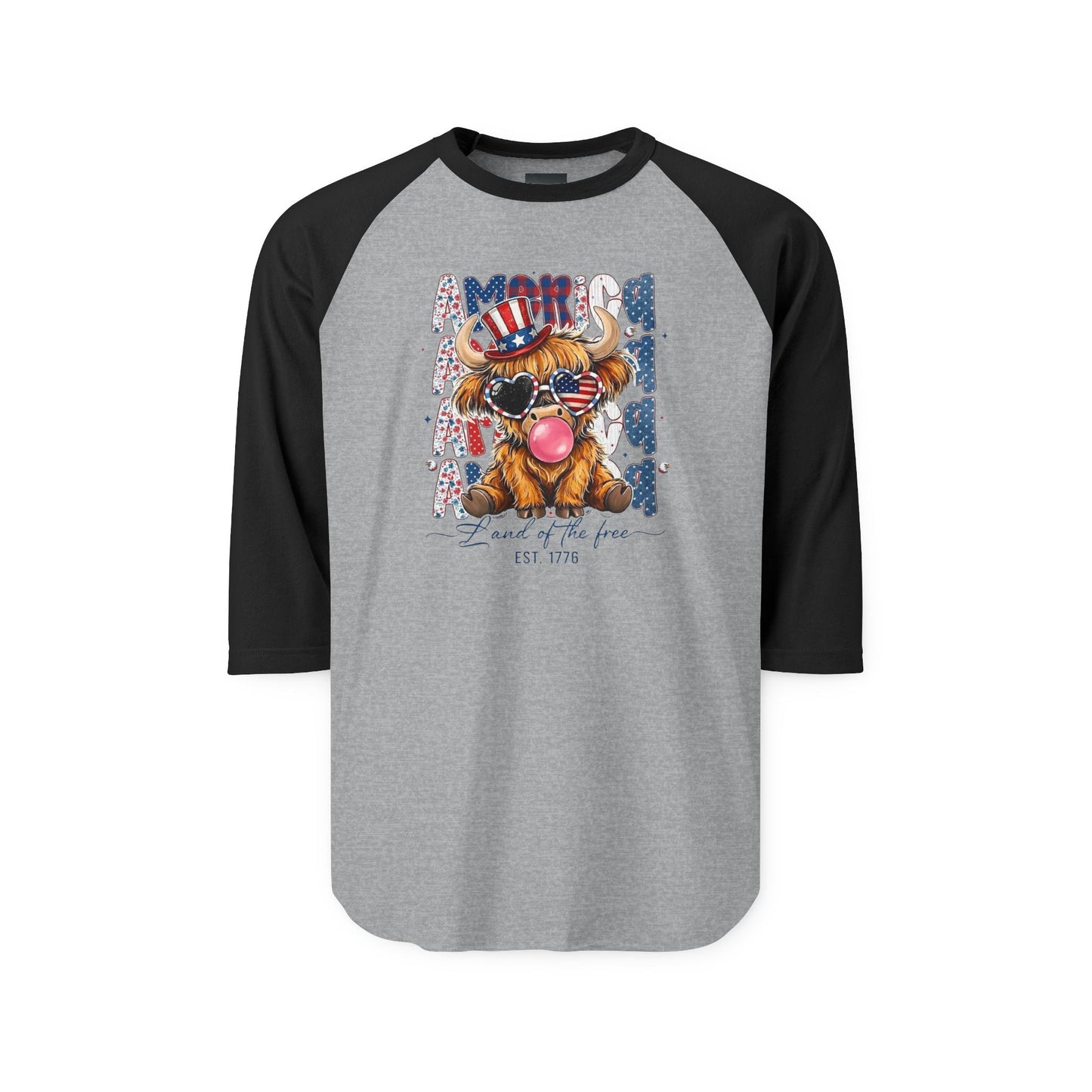 #250 American Flag Bubblegum Patriotic Highland Cow Raglan 3/4 Sleeve Baseball Tee