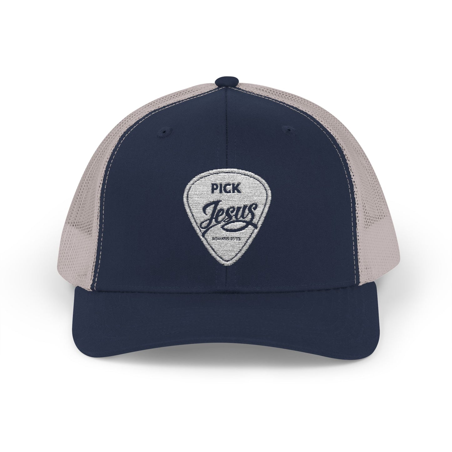 Pick Jesus Guitar Pick Snapback Trucker Cap Christian Guitar Pick Design (Romans 10:13)