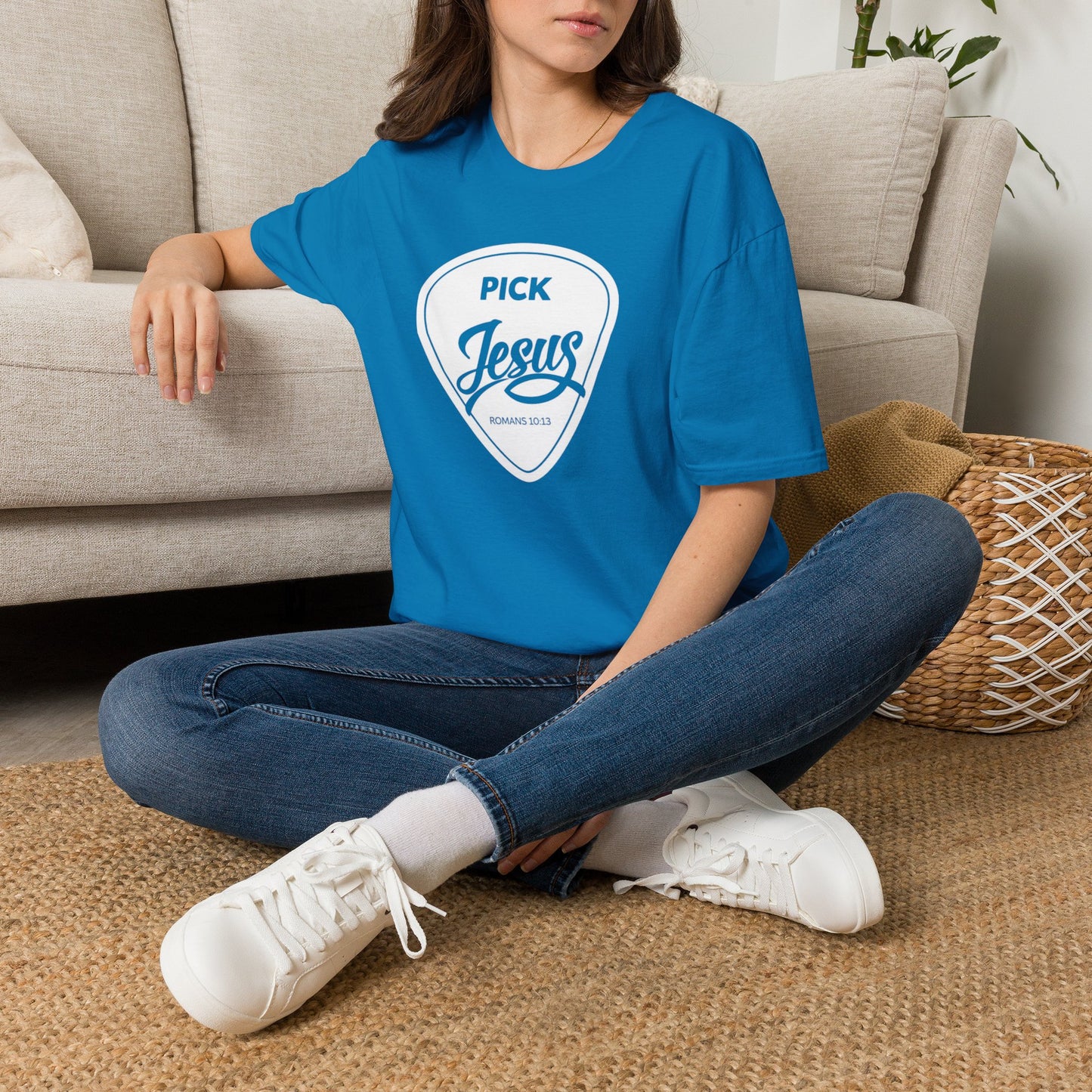 Pick Jesus T-Shirt — Christian Guitar Pick Design (Romans 10:13)
