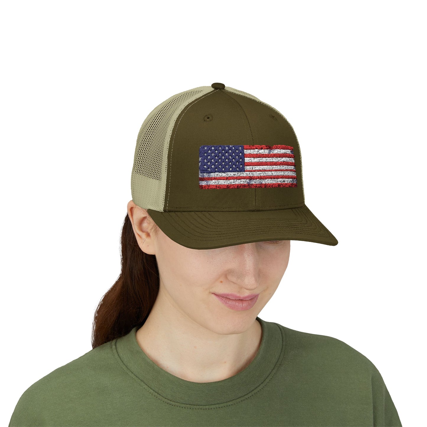 #250 Distressed American Flag Snapback Trucker Cap