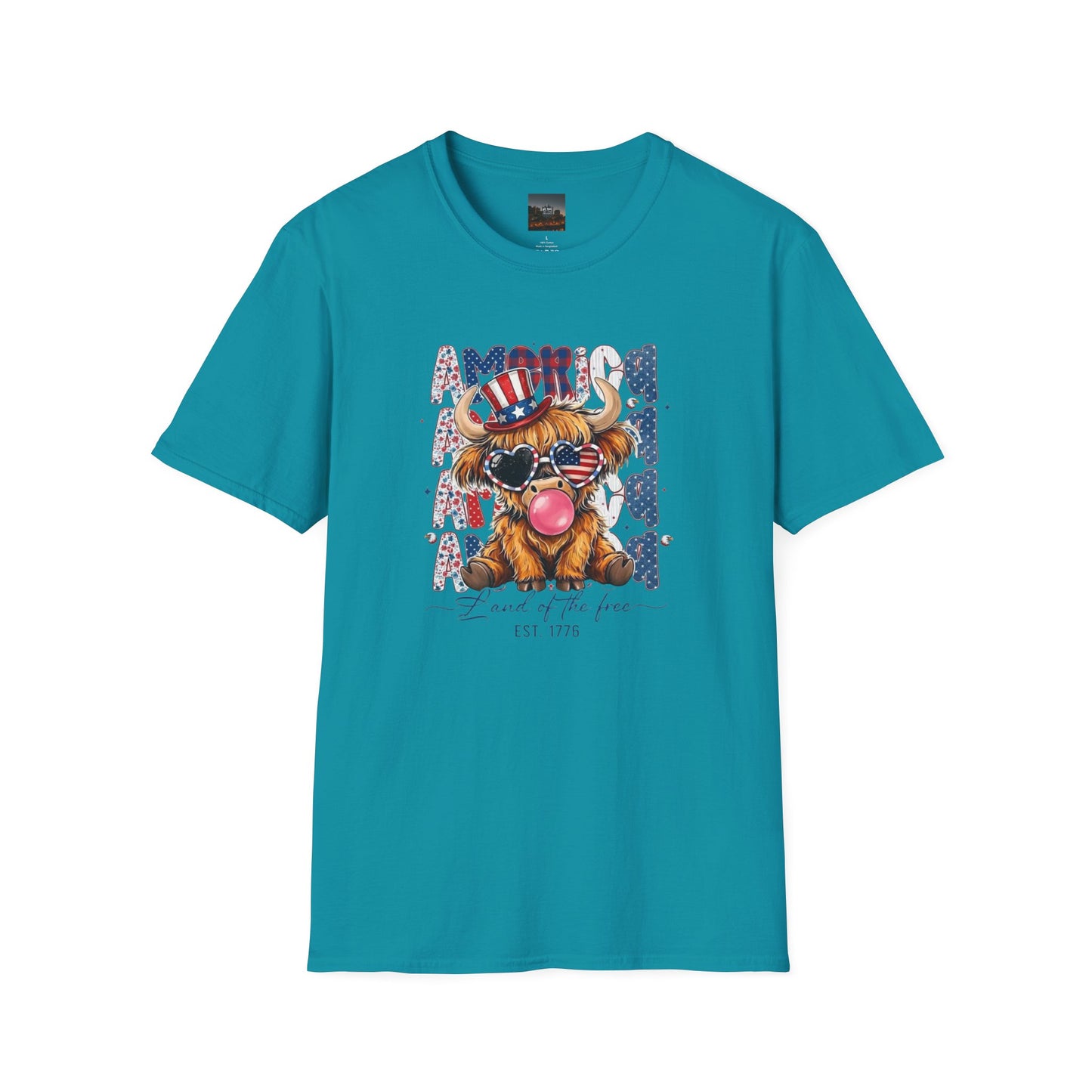 #250 American Flag Bubblegum Patriotic Highland Cow T-Shirt