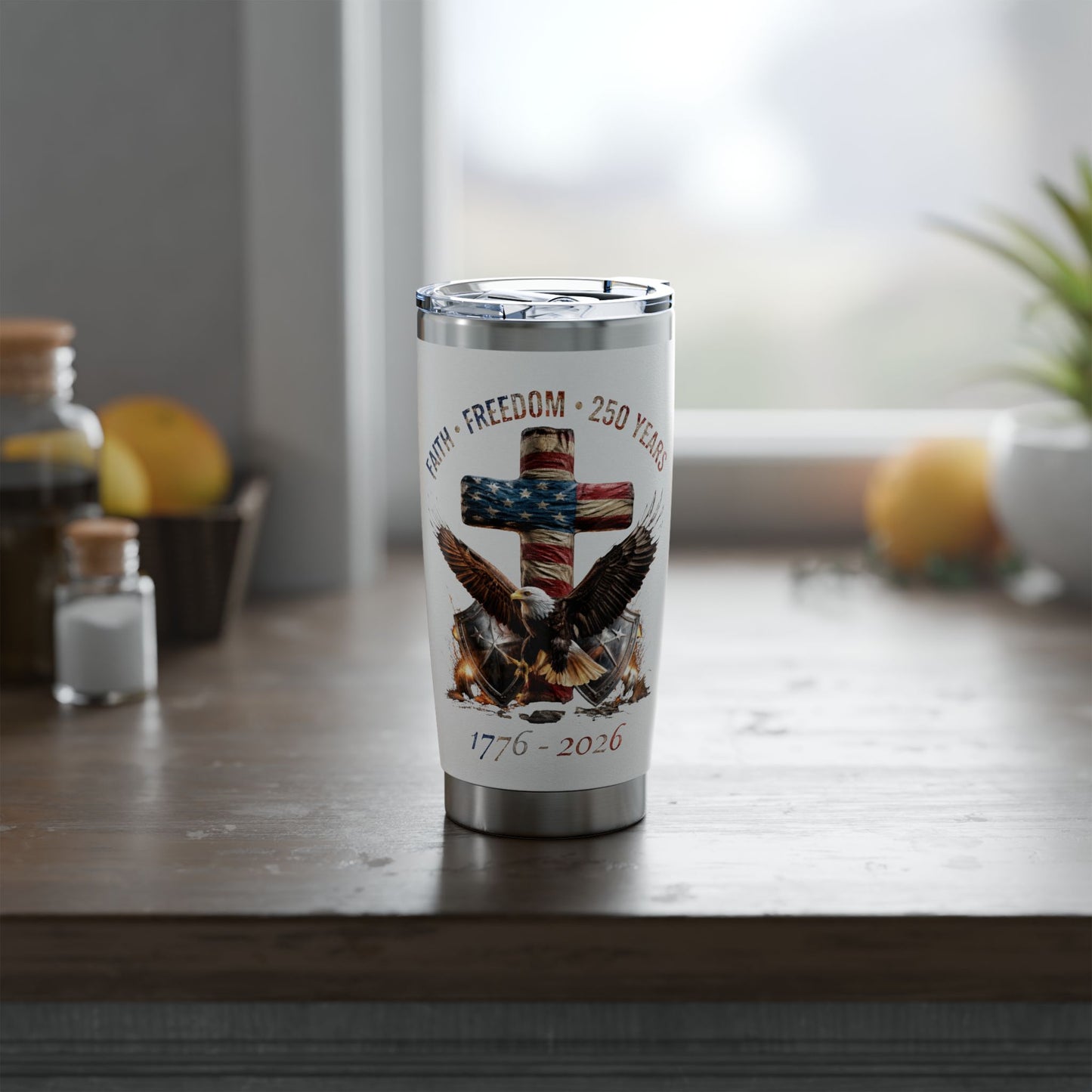 #250 Faith • Freedom 250 Years American Flag Cross & Eagle 1776-2026 Vagabond 20oz Tumbler Stainless Travel Cup