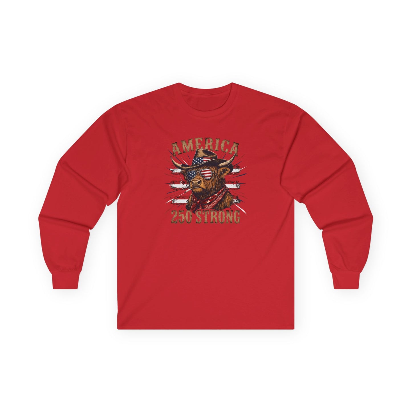 #250 America 250 Strong Patriotic Bull with American Flag Long Sleeve Tee