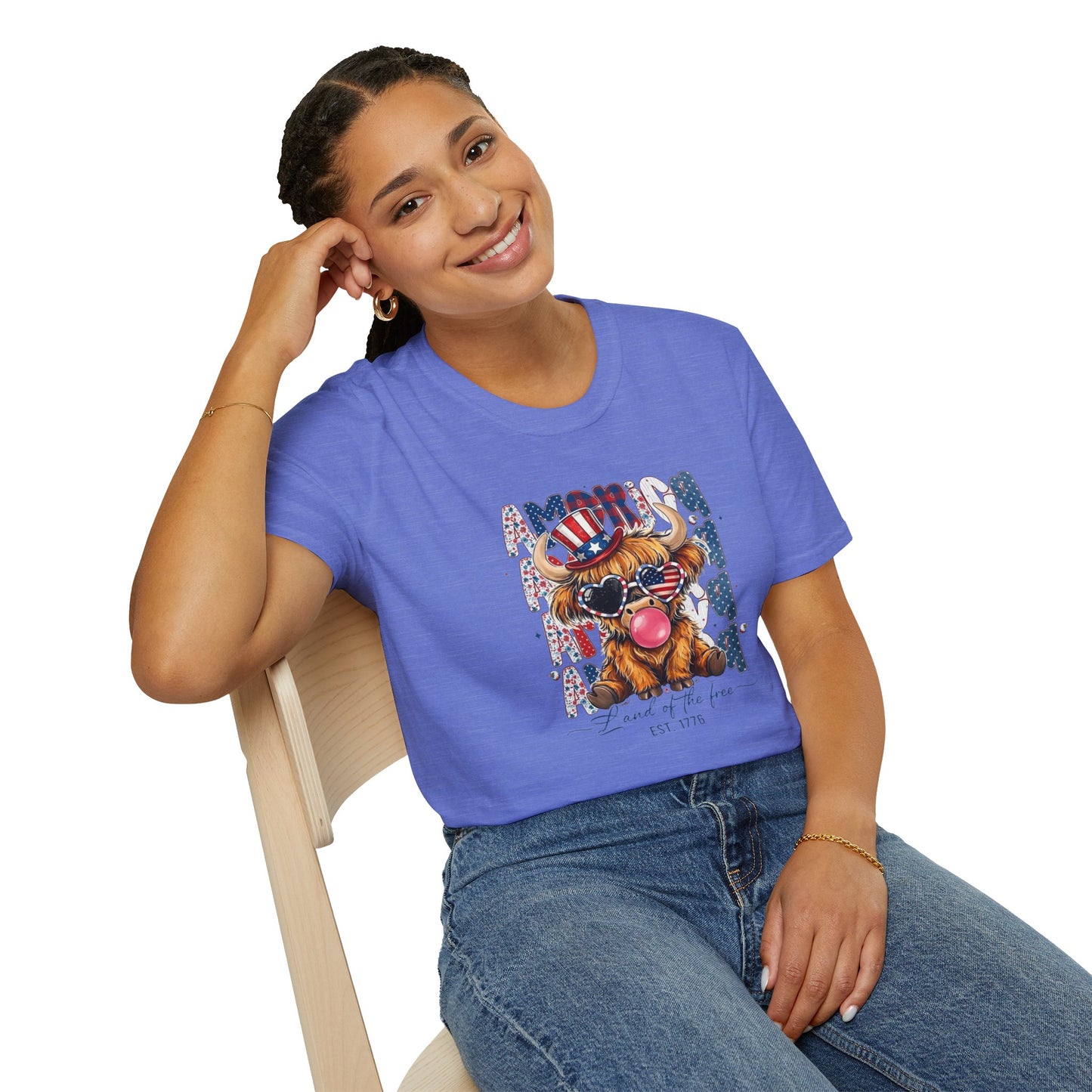 #250 American Flag Bubblegum Patriotic Highland Cow T-Shirt