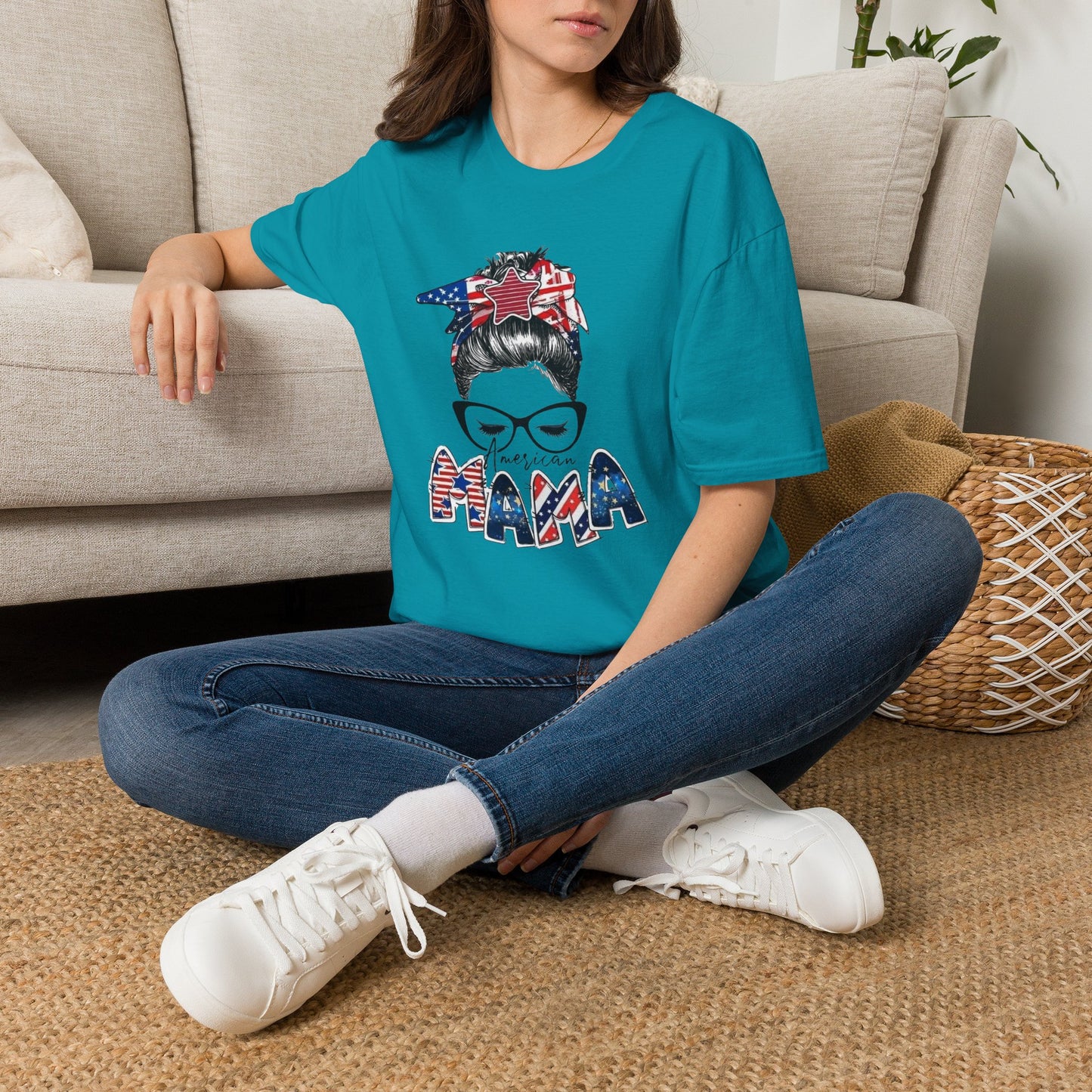 Mama USA Flag Messy Bun T-Shirt
