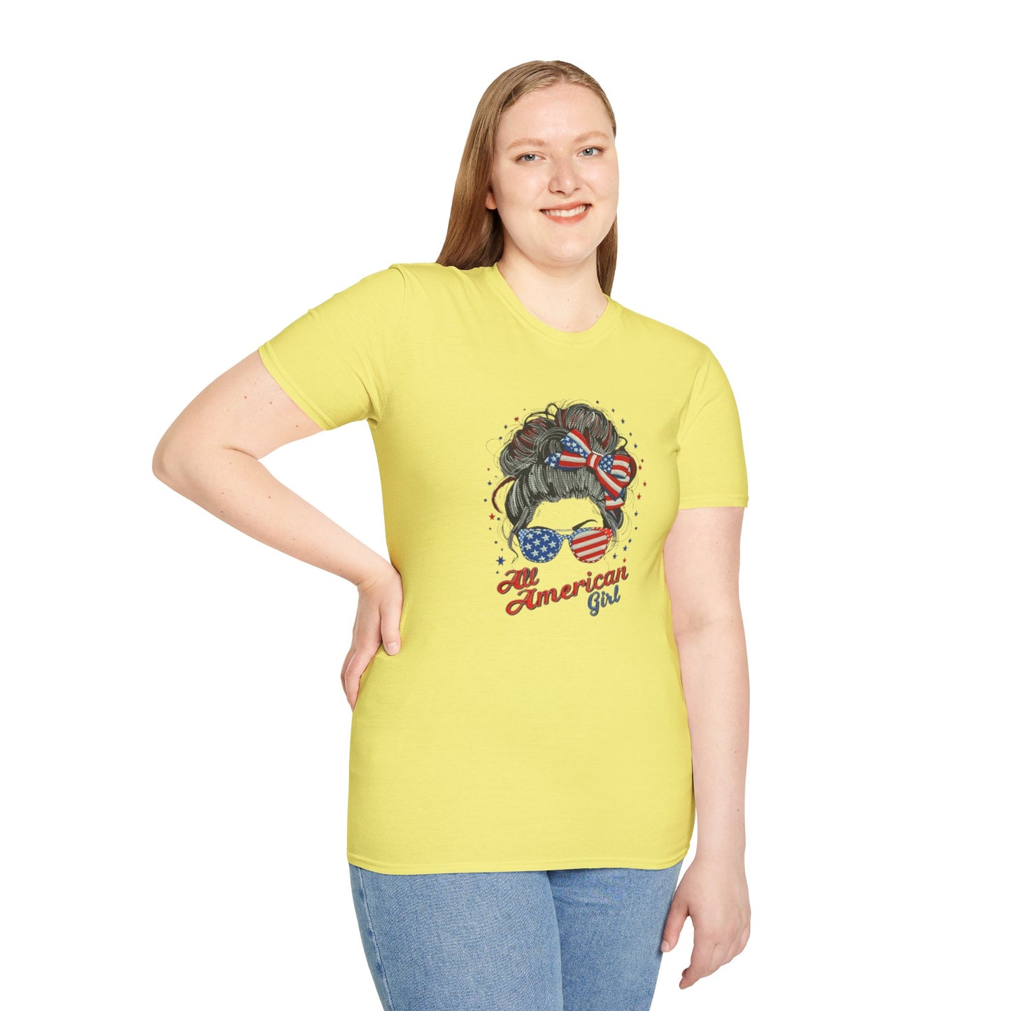 #250 "All American Girl" Patriotic Messy Bun T-Shirt