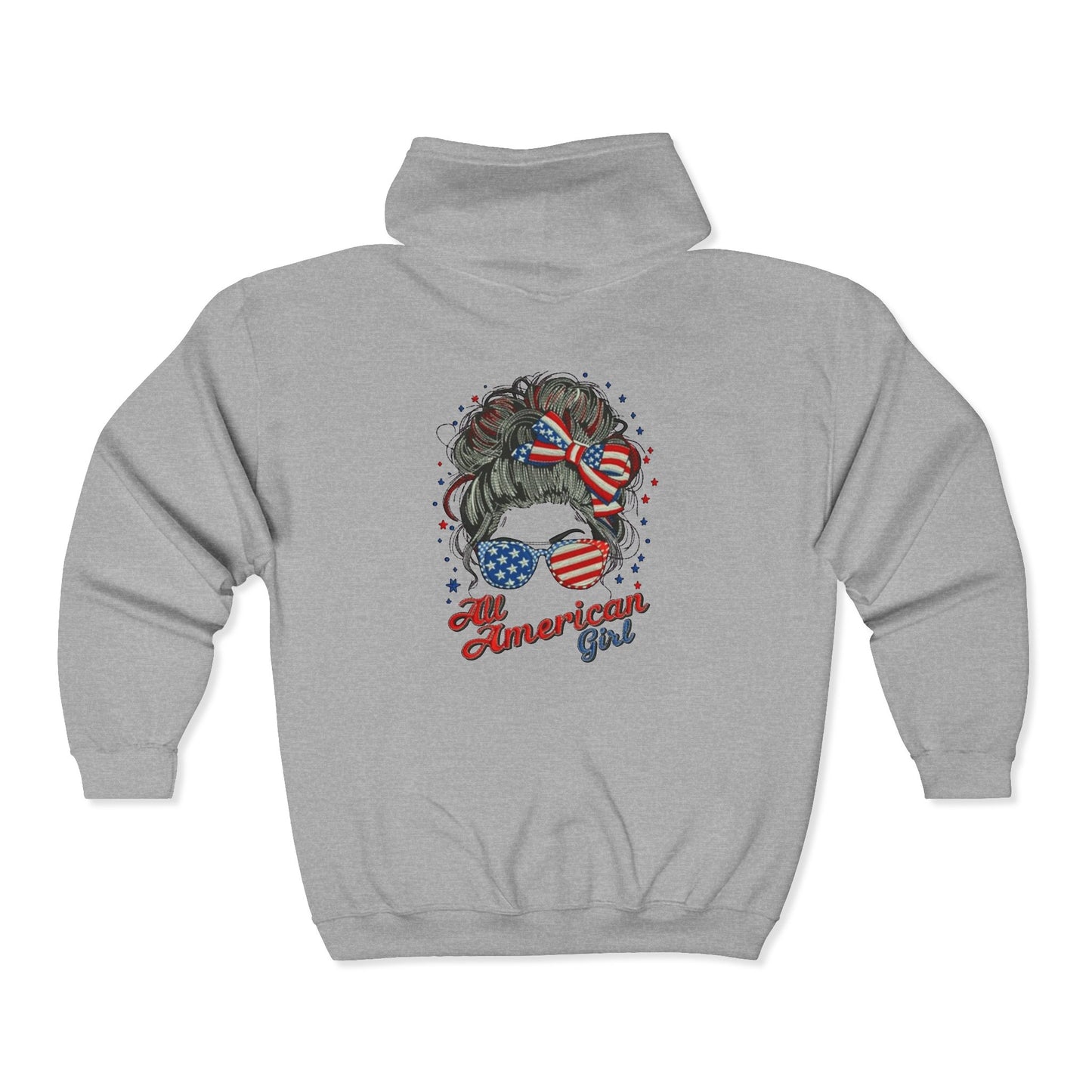 #250 "All American Girl" Patriotic Messy Bun Zip Hoodie