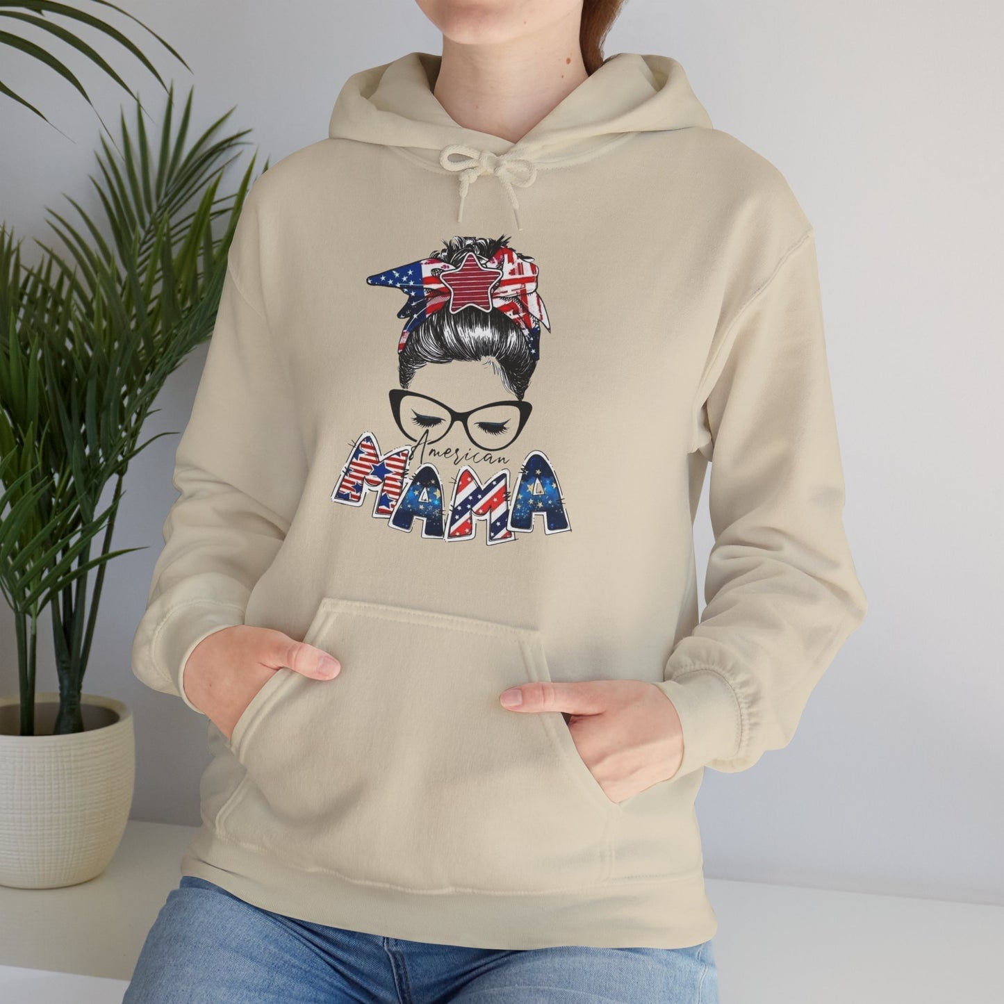 #250 Mama USA Flag Messy Bun Hoodie