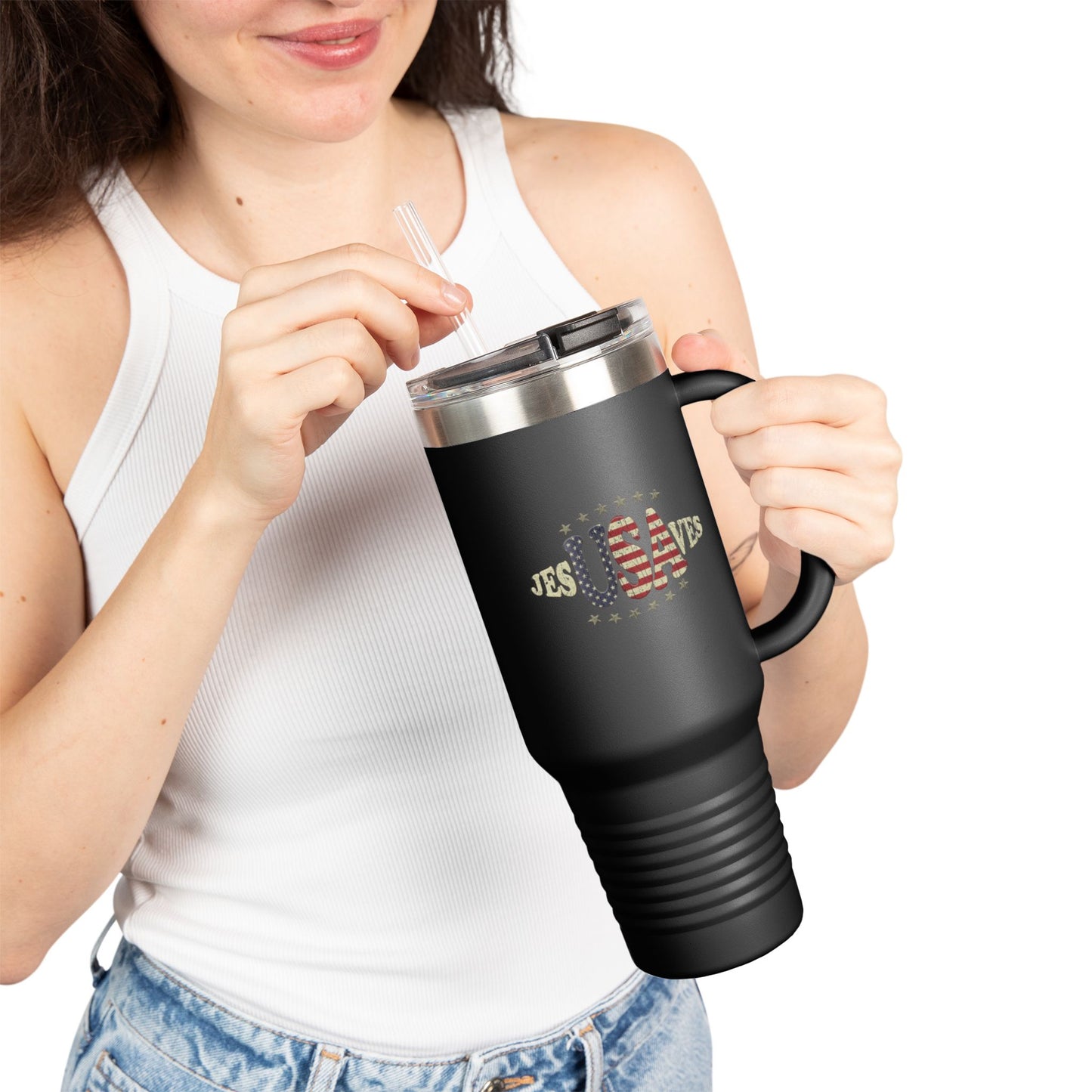JesUSAves Patriotic 40oz Insulated Travel Mug – American Flag Christian Faith Steel Tumbler