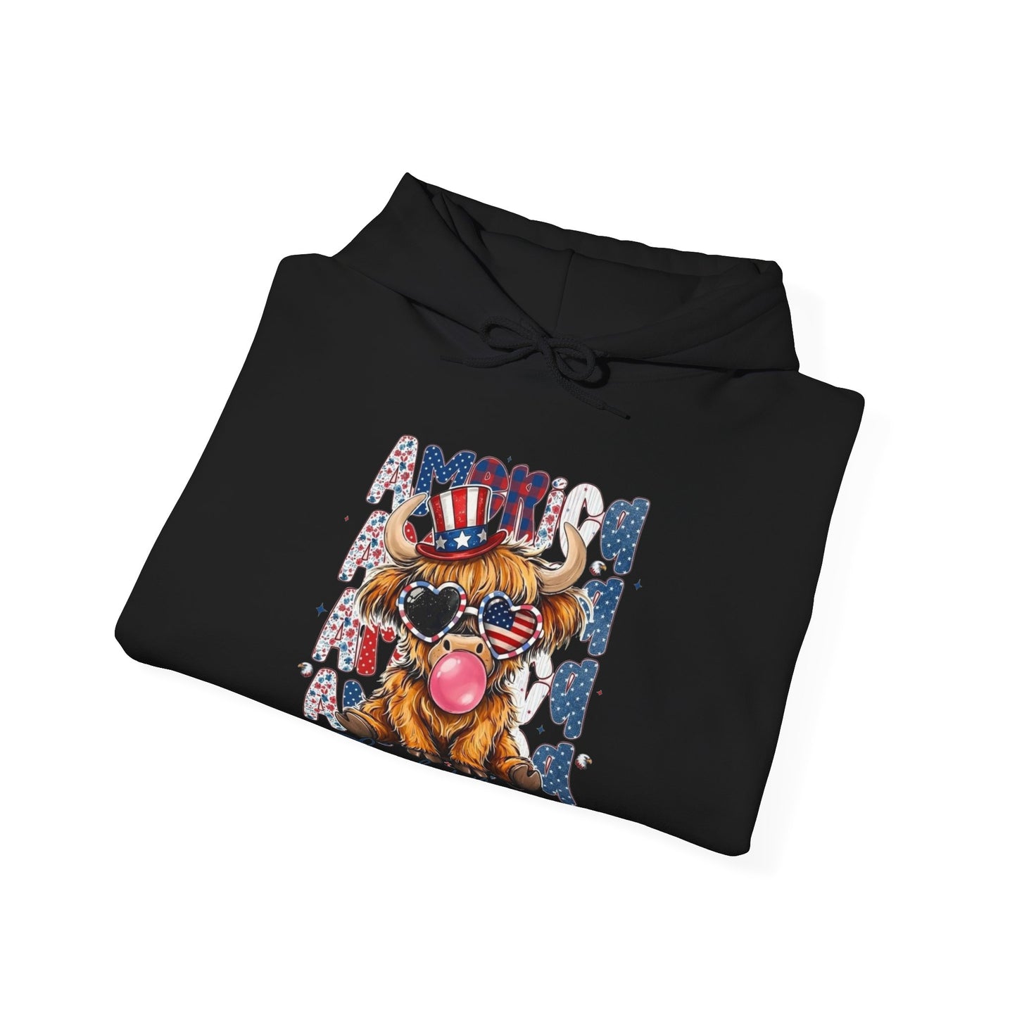 #250 American Flag Bubblegum Patriotic Highland Cow Hoodie