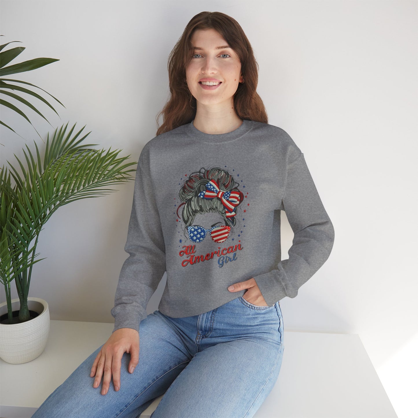 #250 "All American Girl" Patriotic Messy Bun Sweatshirt