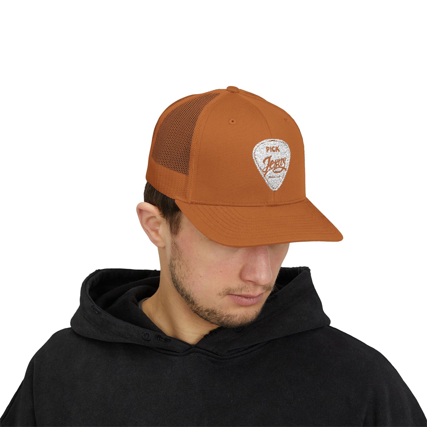 Pick Jesus Guitar Pick Snapback Trucker Cap Christian Guitar Pick Design (Romans 10:13)