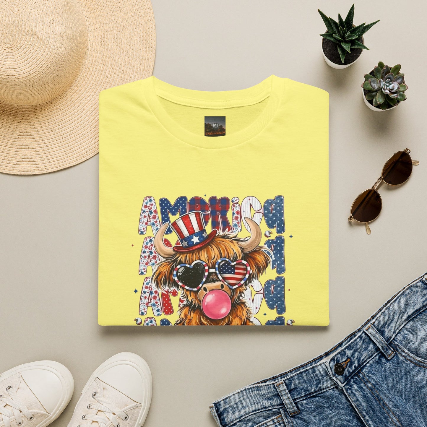 #250 American Flag Bubblegum Patriotic Highland Cow T-Shirt