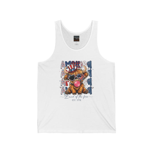 #250 American Flag Bubblegum Patriotic Highland Cow Tank Top