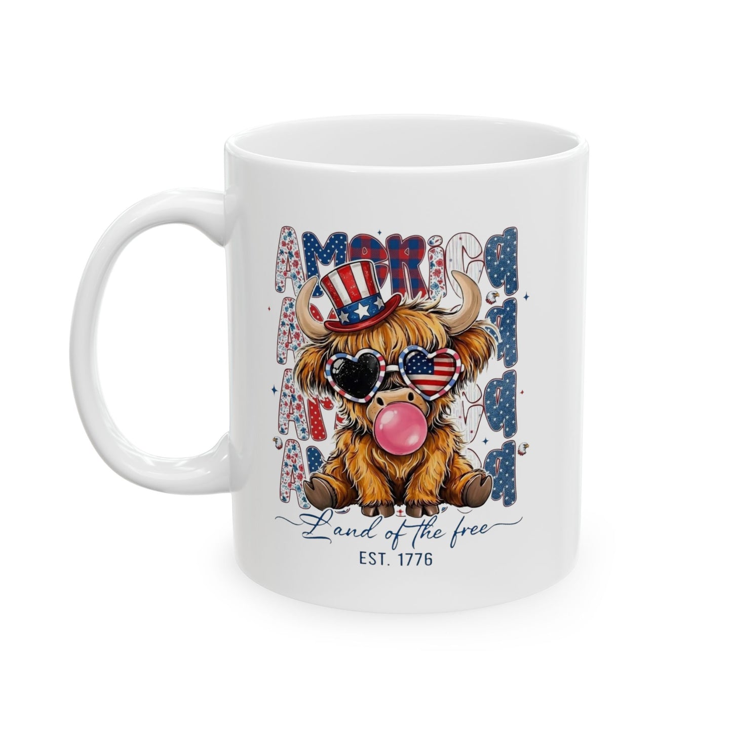 #250 American Flag Bubblegum Patriotic Highland Cow Ceramic Mug - 11oz & 15oz