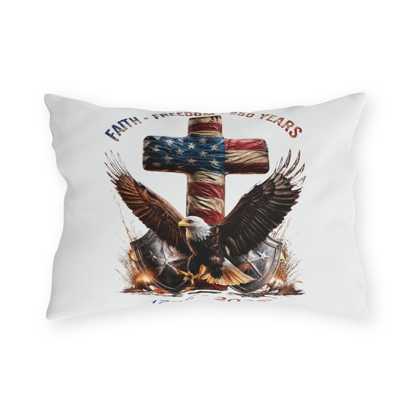 #250 Faith • Freedom 250 Years American Flag Cross & Eagle 1776-2026 Outdoor Throw Pillow