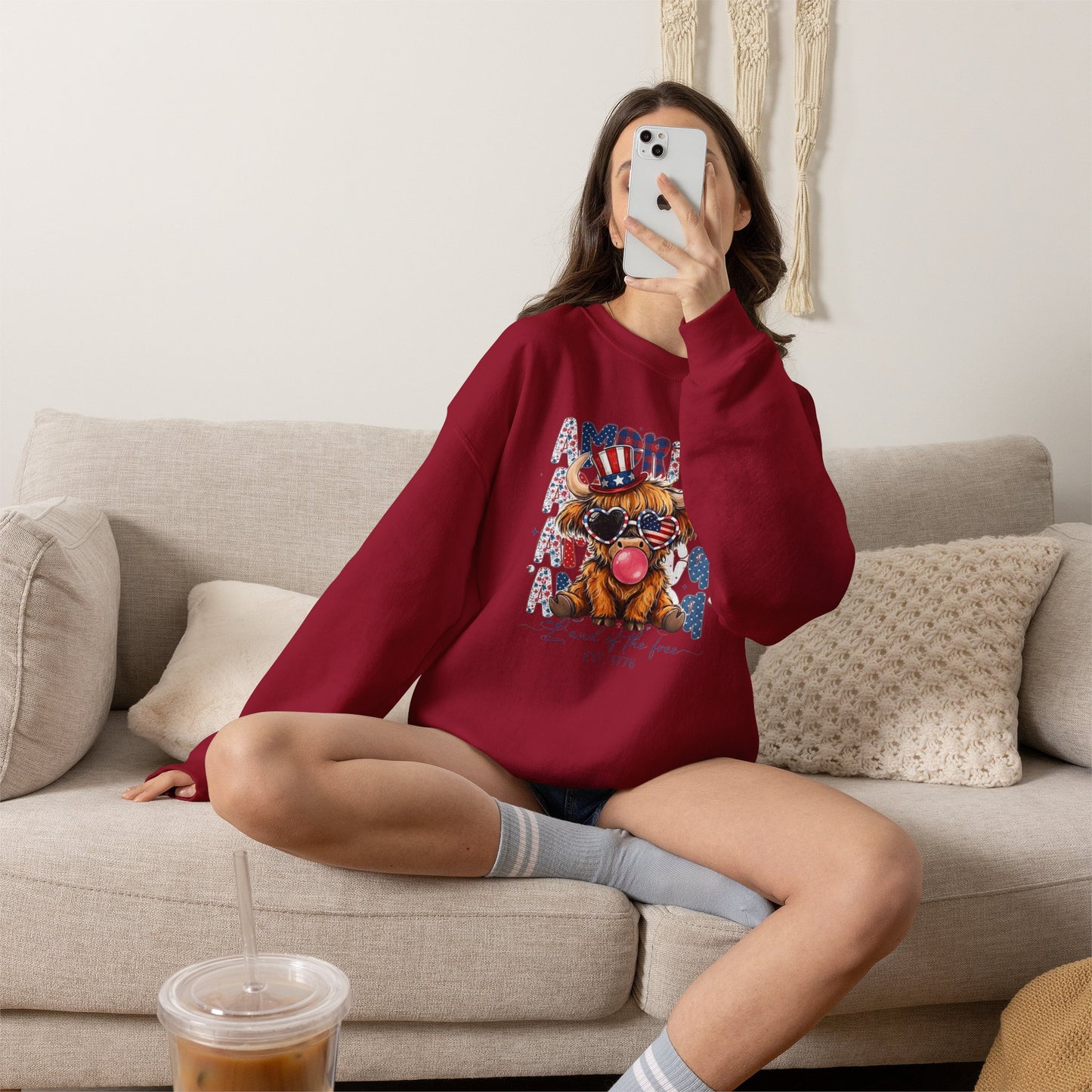 #250 American Flag Bubblegum Patriotic Highland Cow Sweatshirt