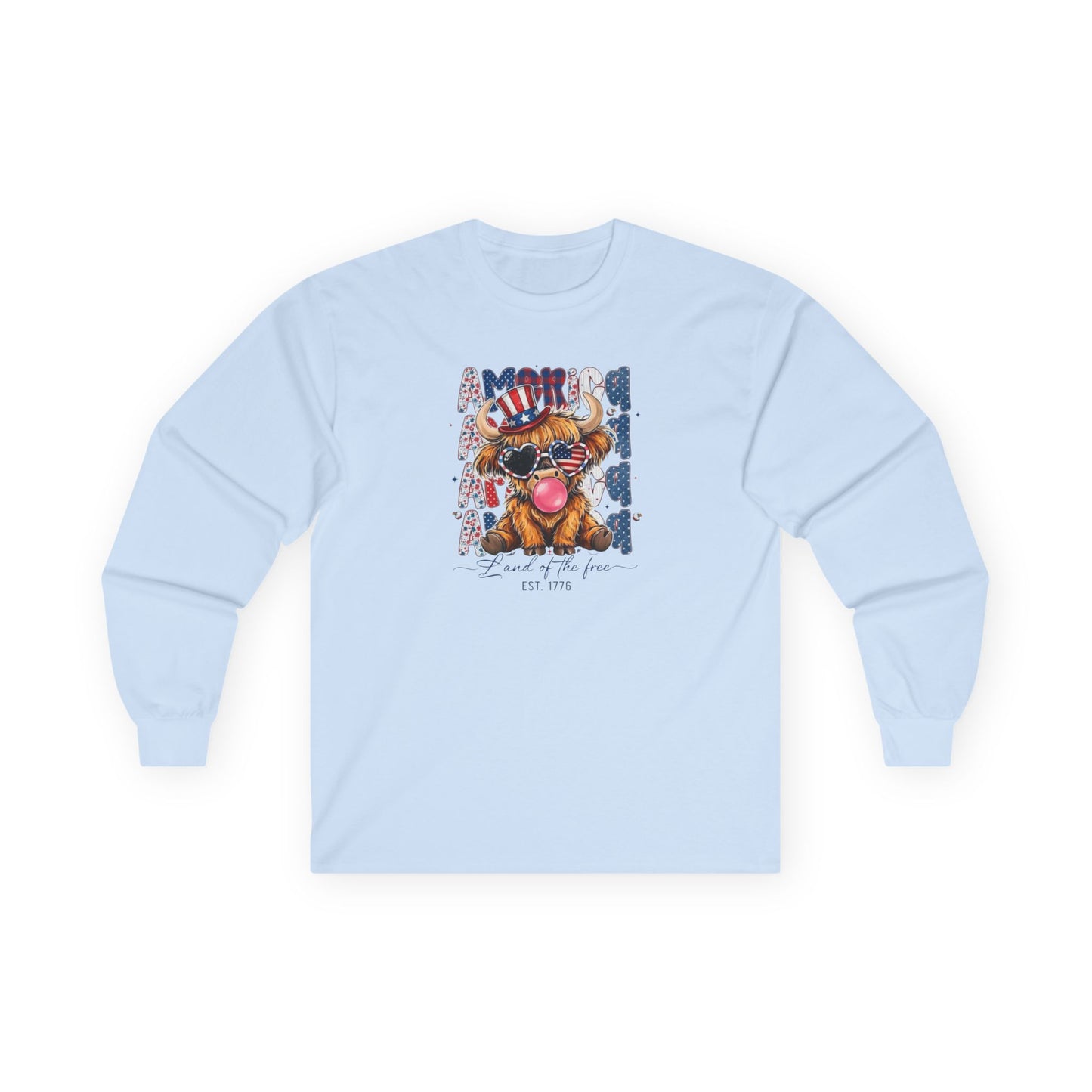 #250 American Flag Bubblegum Patriotic Highland Cow Long Sleeve Tee