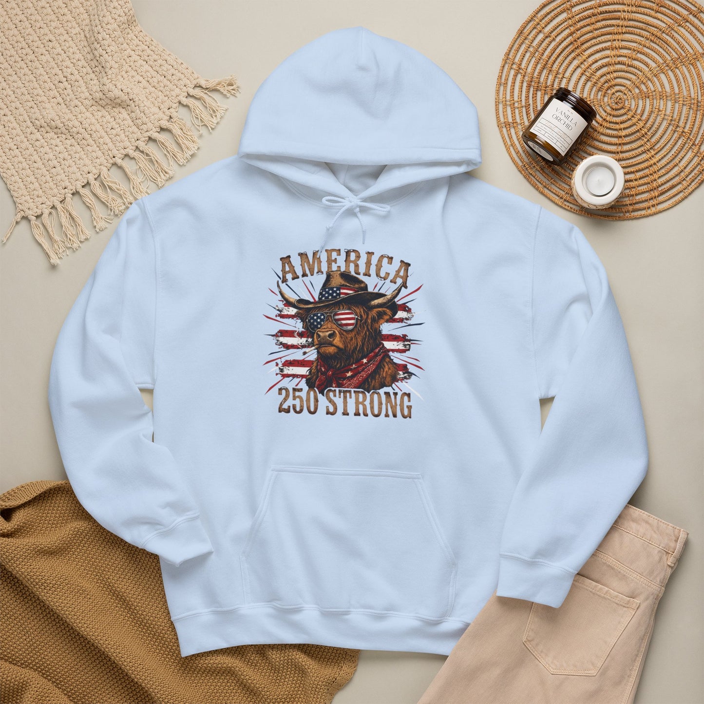 #250 America 250 Strong Patriotic Bull with American Flag Hoodie