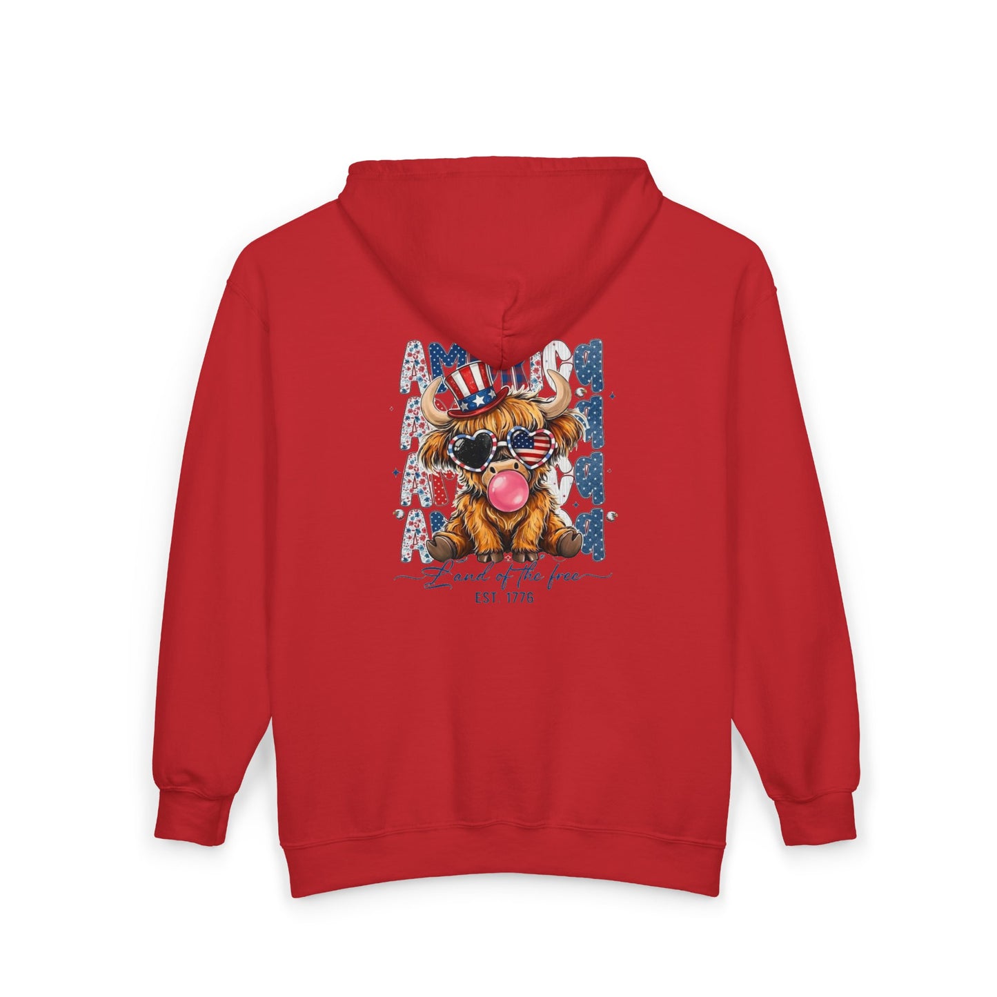 #250 American Flag Bubblegum Patriotic Highland Cow Zip Hoodie