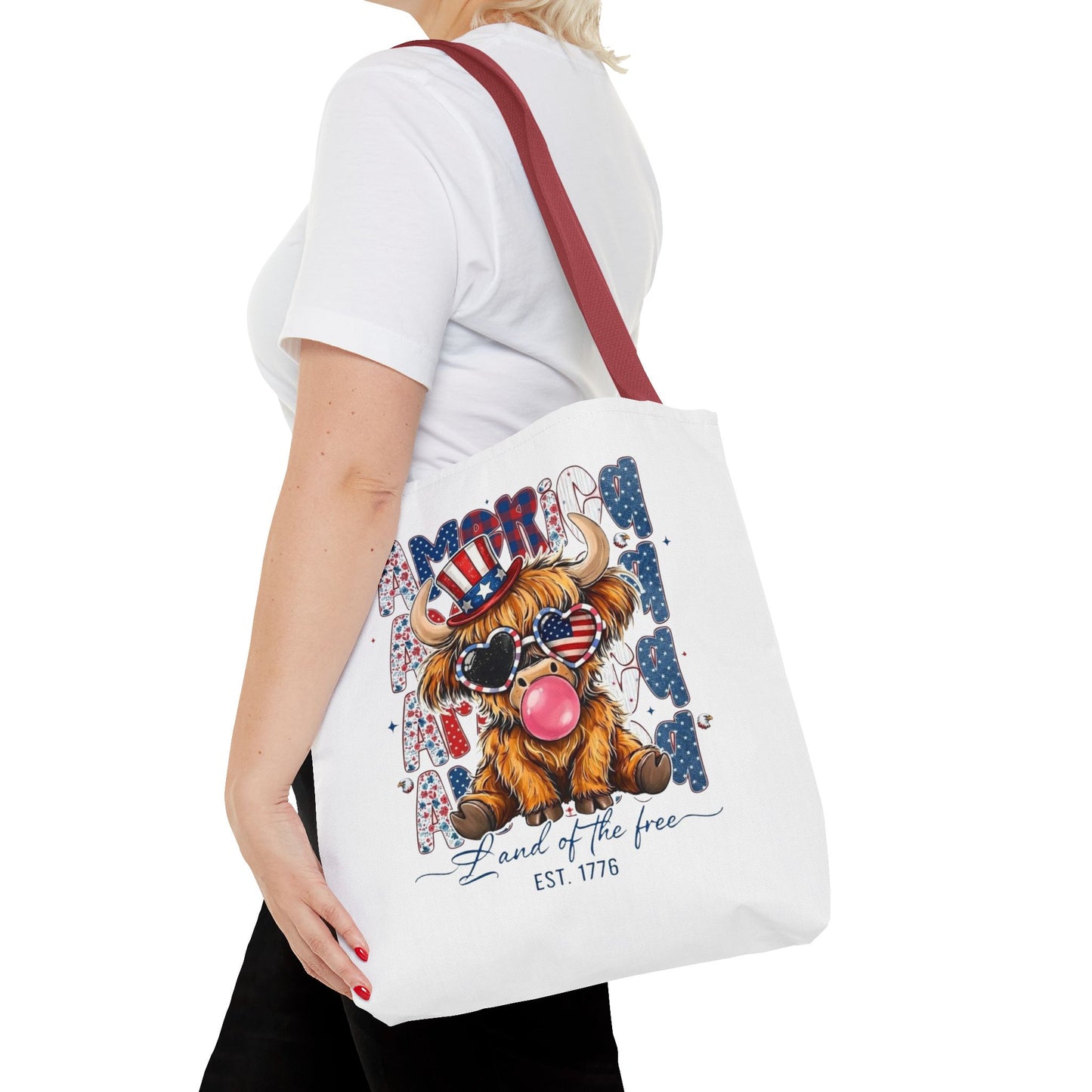 #250 American Flag Bubblegum Patriotic Highland Cow Tote Bag
