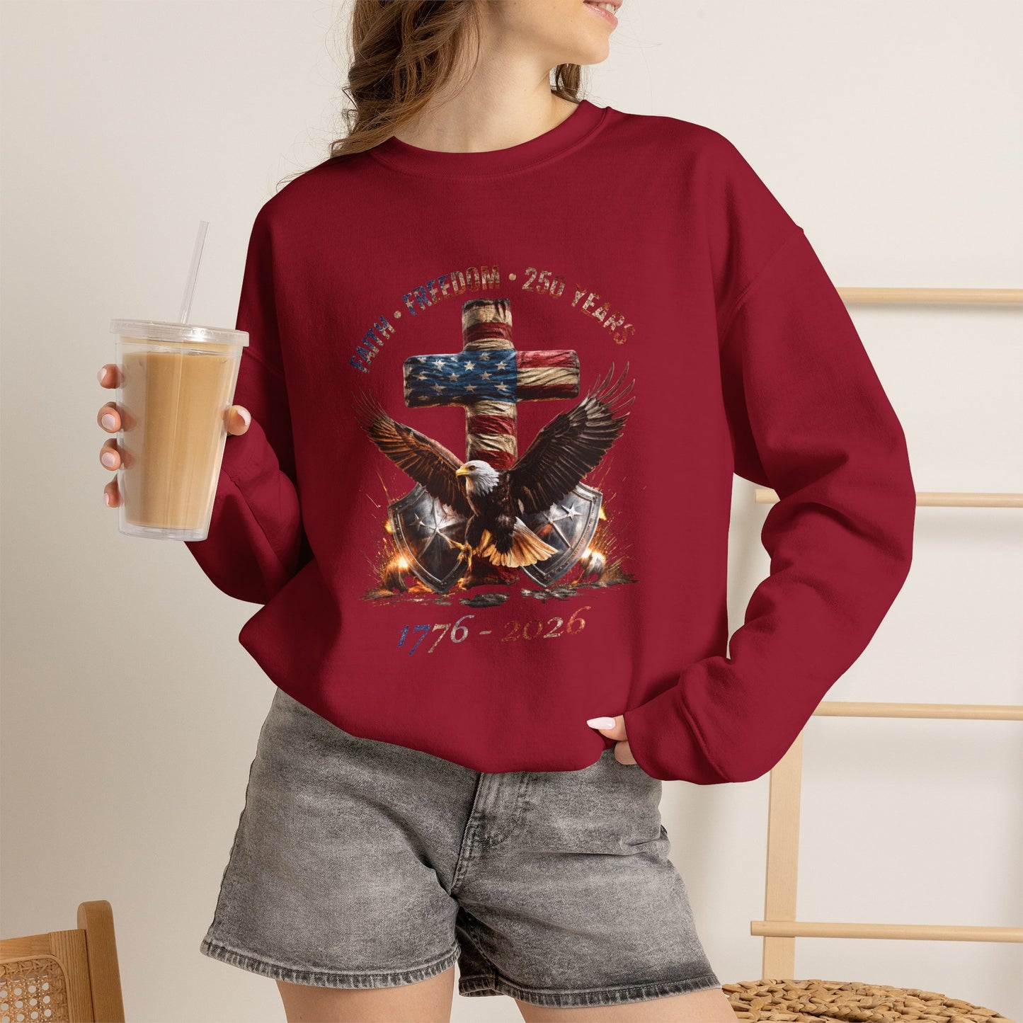 #250 Faith • Freedom 250 Years American Flag Cross & Eagle 1776-2026 Crewneck Sweatshirt